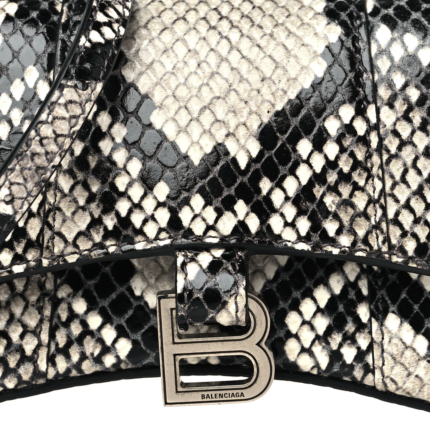 Shiny Calfskin Python Effect Hourglass Top Handle Bag Mini Black White