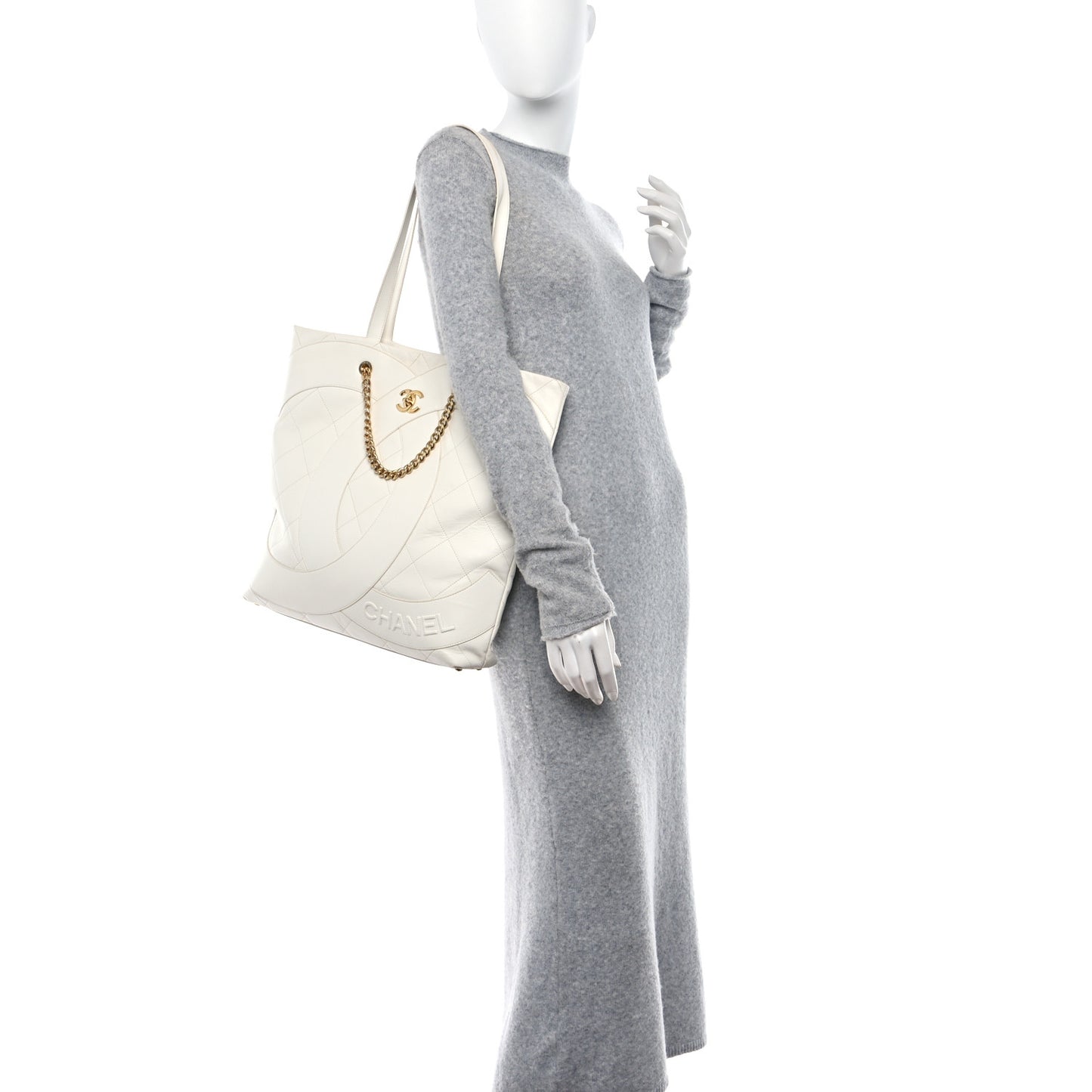 Calfskin Stitched CC Shopper Tote White