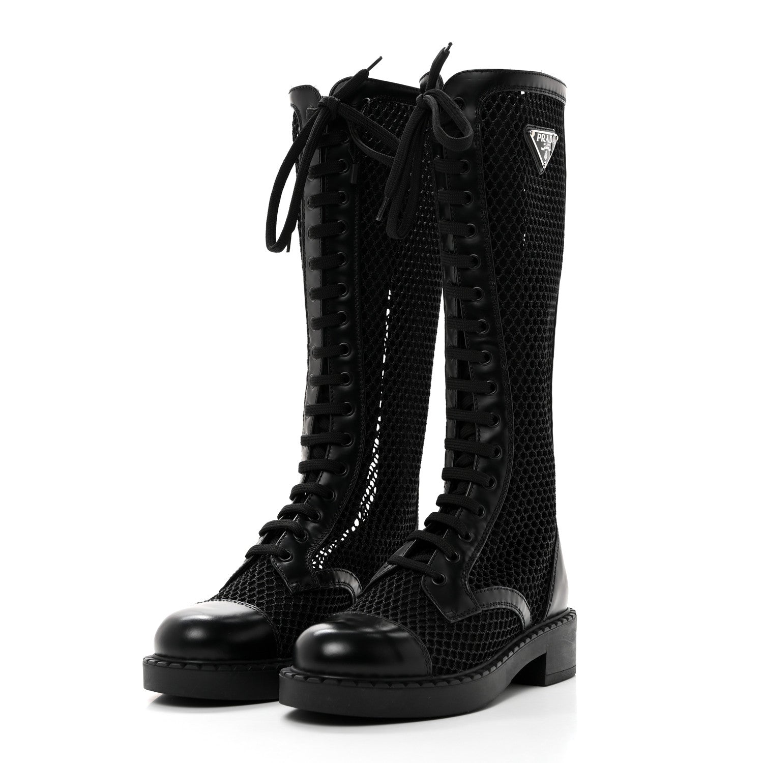 Prada Rete Spazzolato Rois Metal Triangle Logo Womens Knee High 50mm Boots 35 Black 3 of 9