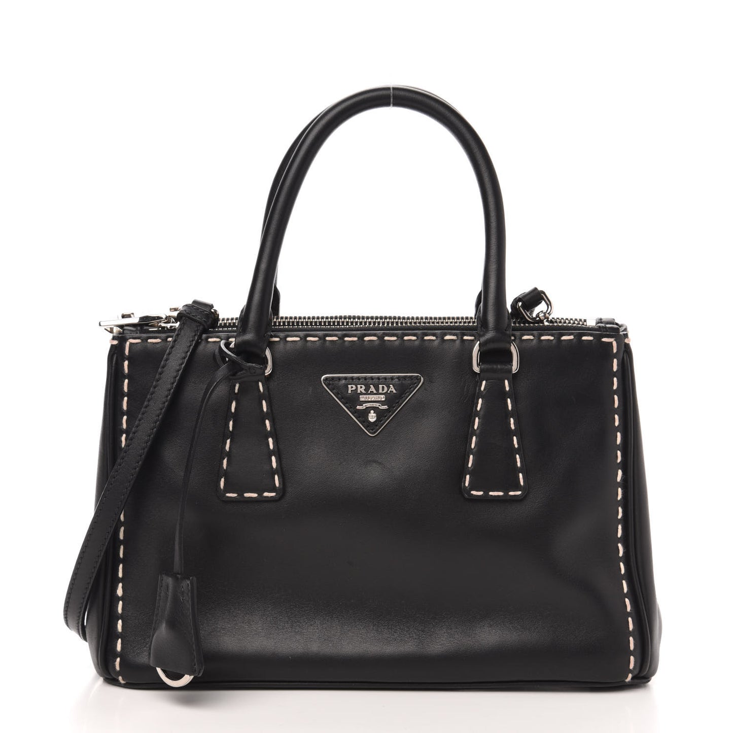 City Calf Mini Hand Stitched Galleria Double Zip Tote Black