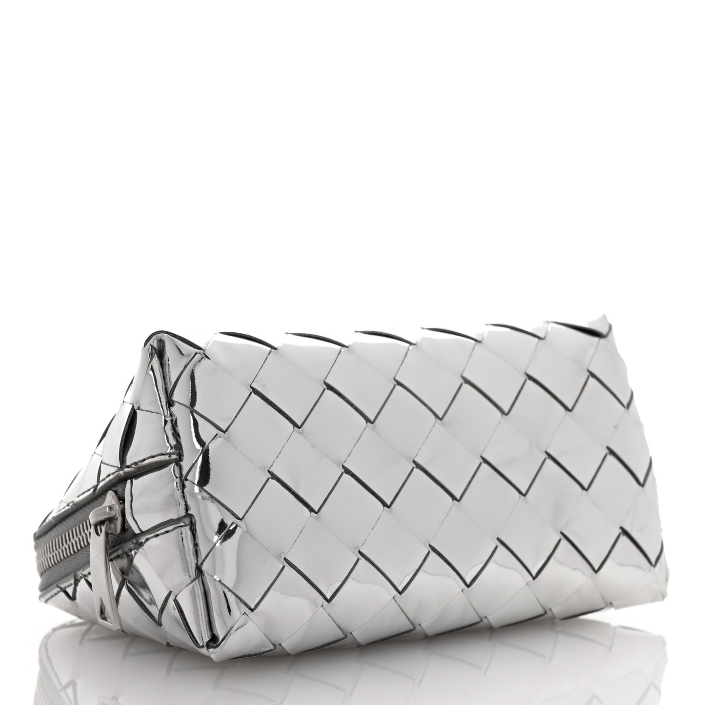 Mirror Laminated Nappa Intrecciato Beauty Pouch Silver