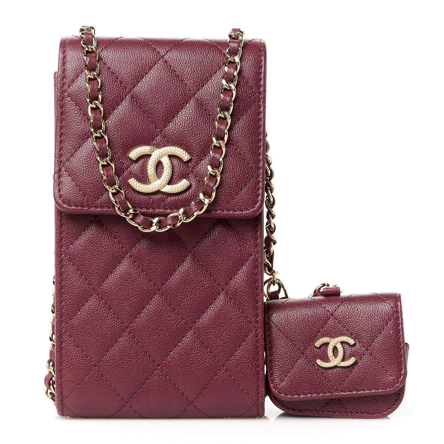 Caviar Quilted CC Airpods Pro and Phone Case With Chain Burgundy