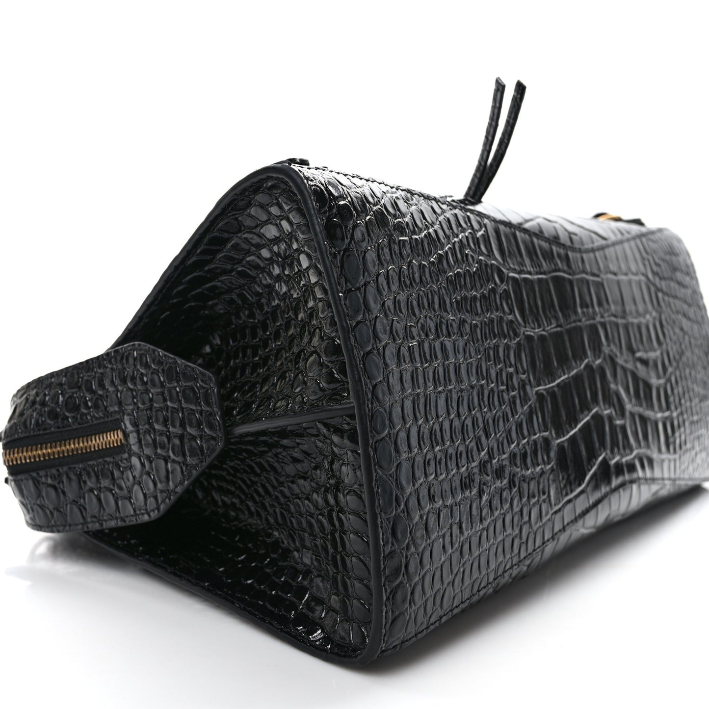 Shiny Supple Calfskin Crocodile Embossed Brass Hardware Neo Classic City Black