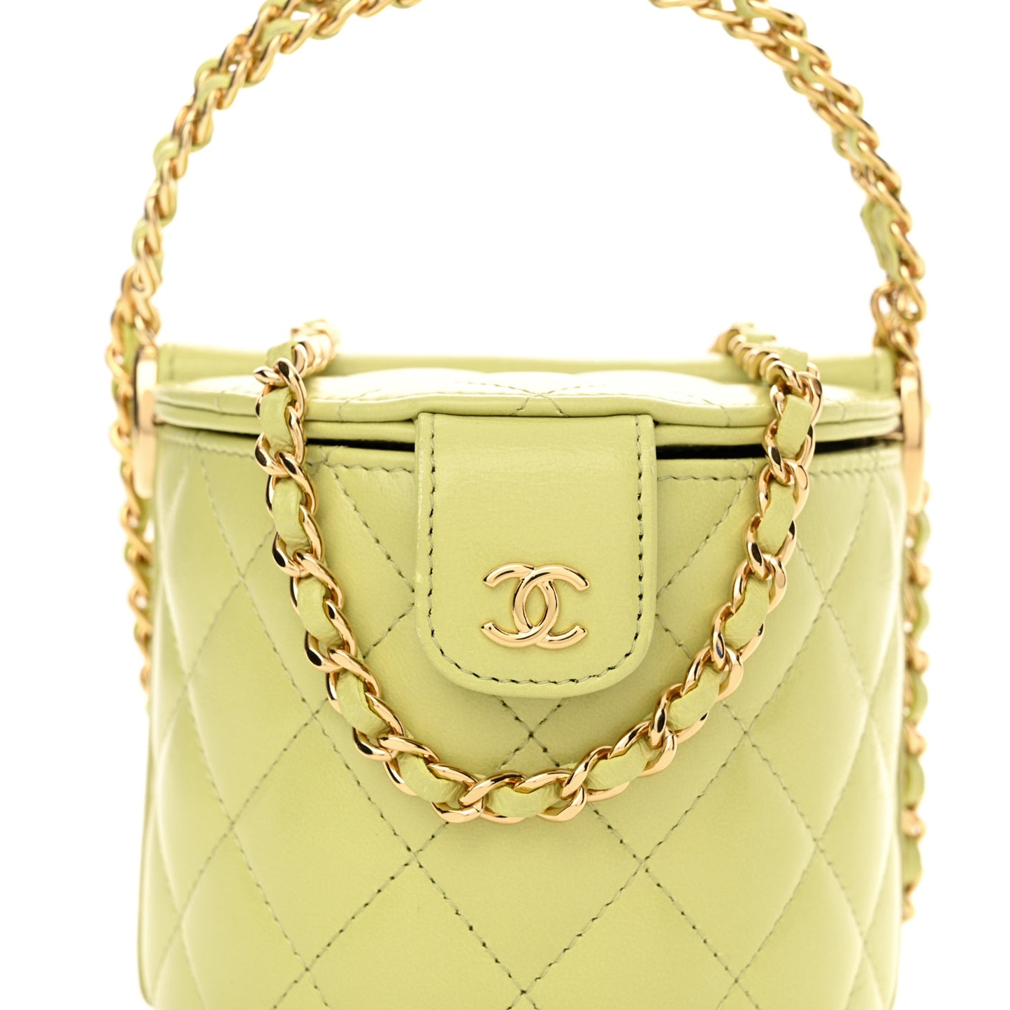 Shiny Lambskin Quilted Chain Top Handle Vanity With Chain Light Green