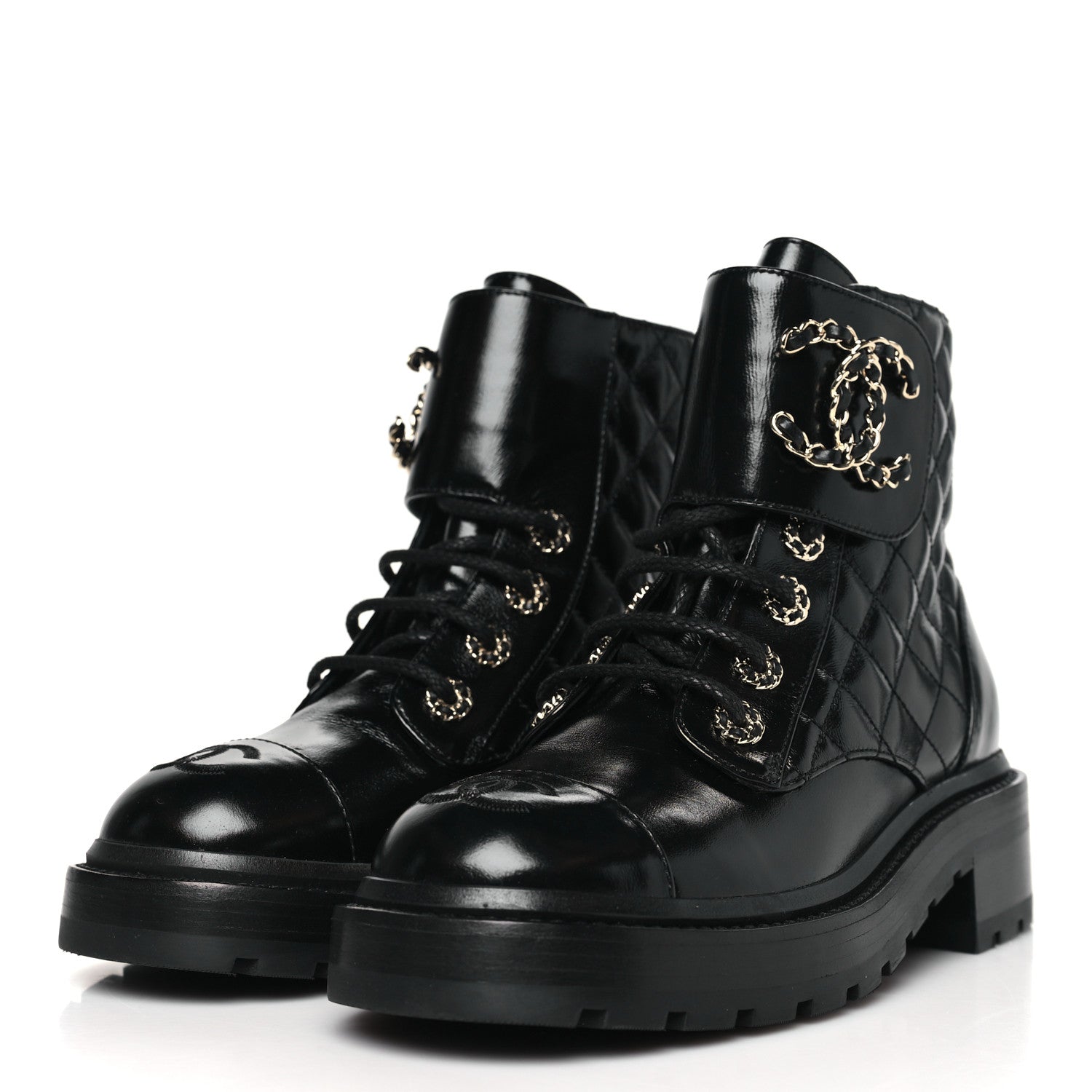 Chanel Shiny Goatskin Calfskin Quilted Lace Up Combat Boots 36 Black 3 of 8