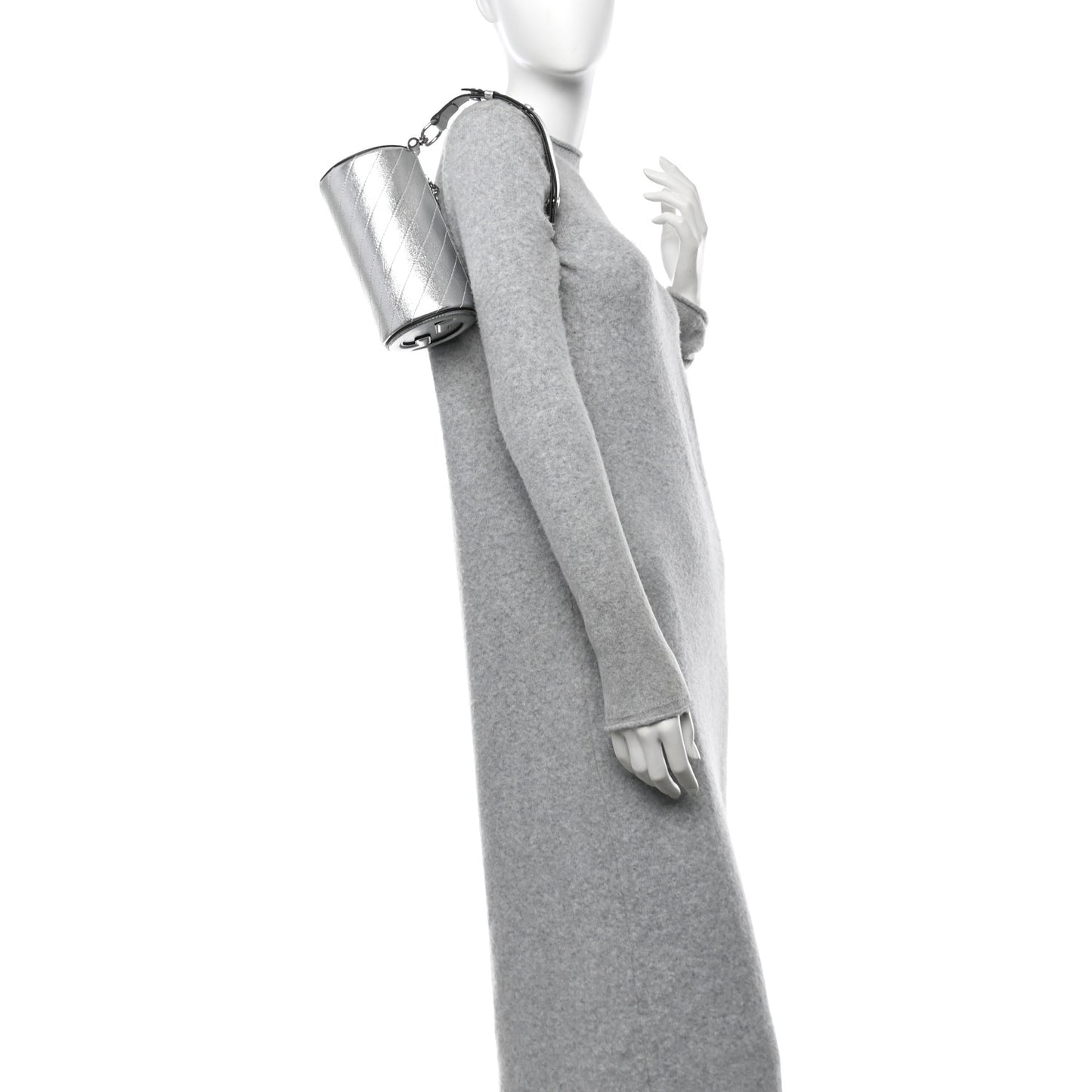 Sakai Be Green Calfskin Diagonal Stitched Mini Blondie Barrel Shoulder Bag Silver