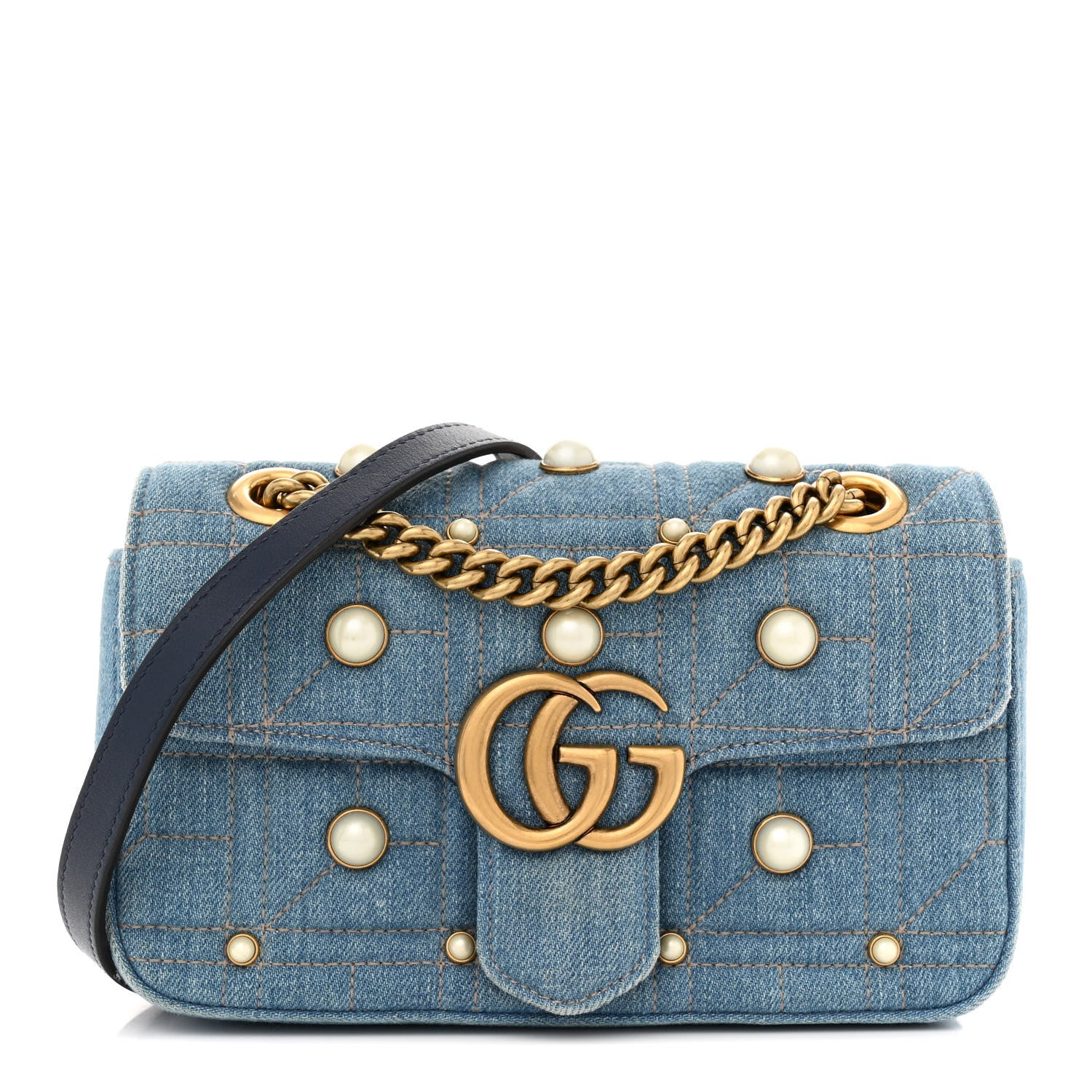 Gucci Denim Matelasse Pearl Studded Mini GG Marmont Shoulder Bag Blue 1 of 12