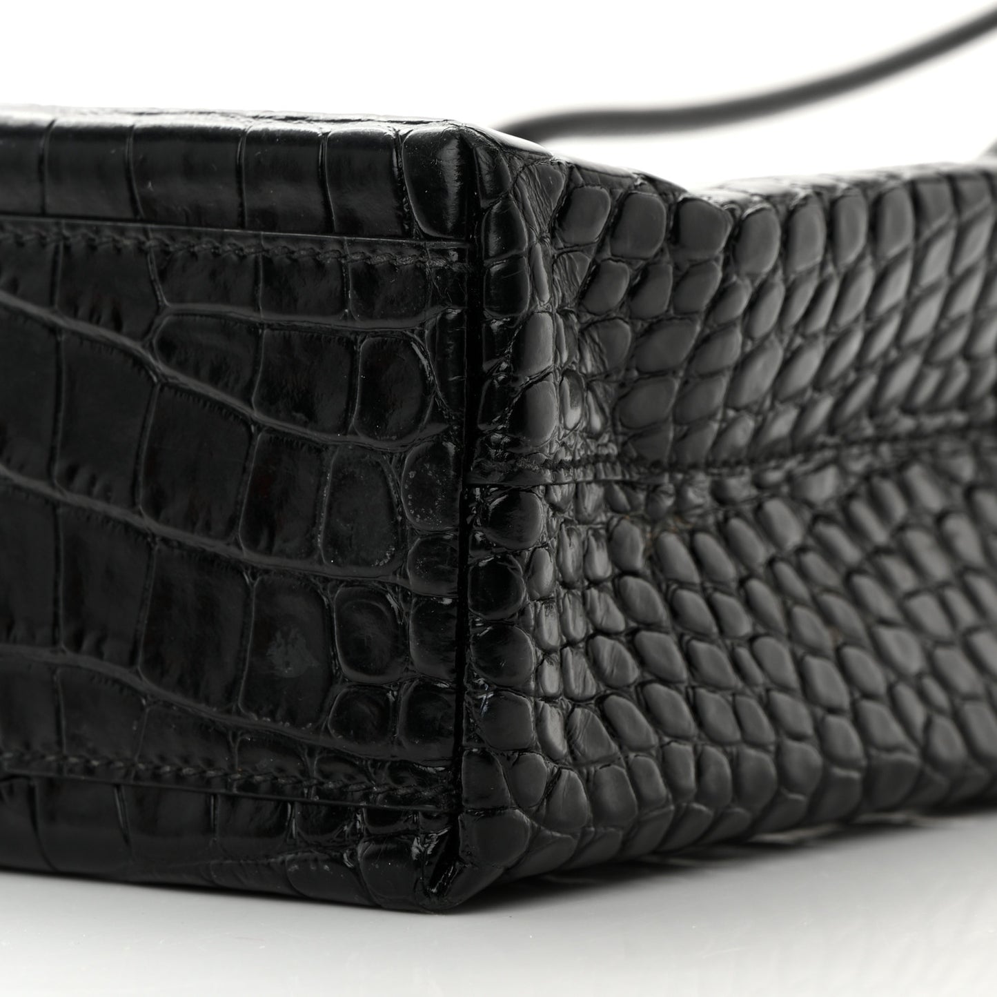 Shiny Calfskin Logo Crocodile Embossed North South Shopper Tote XXS Black White