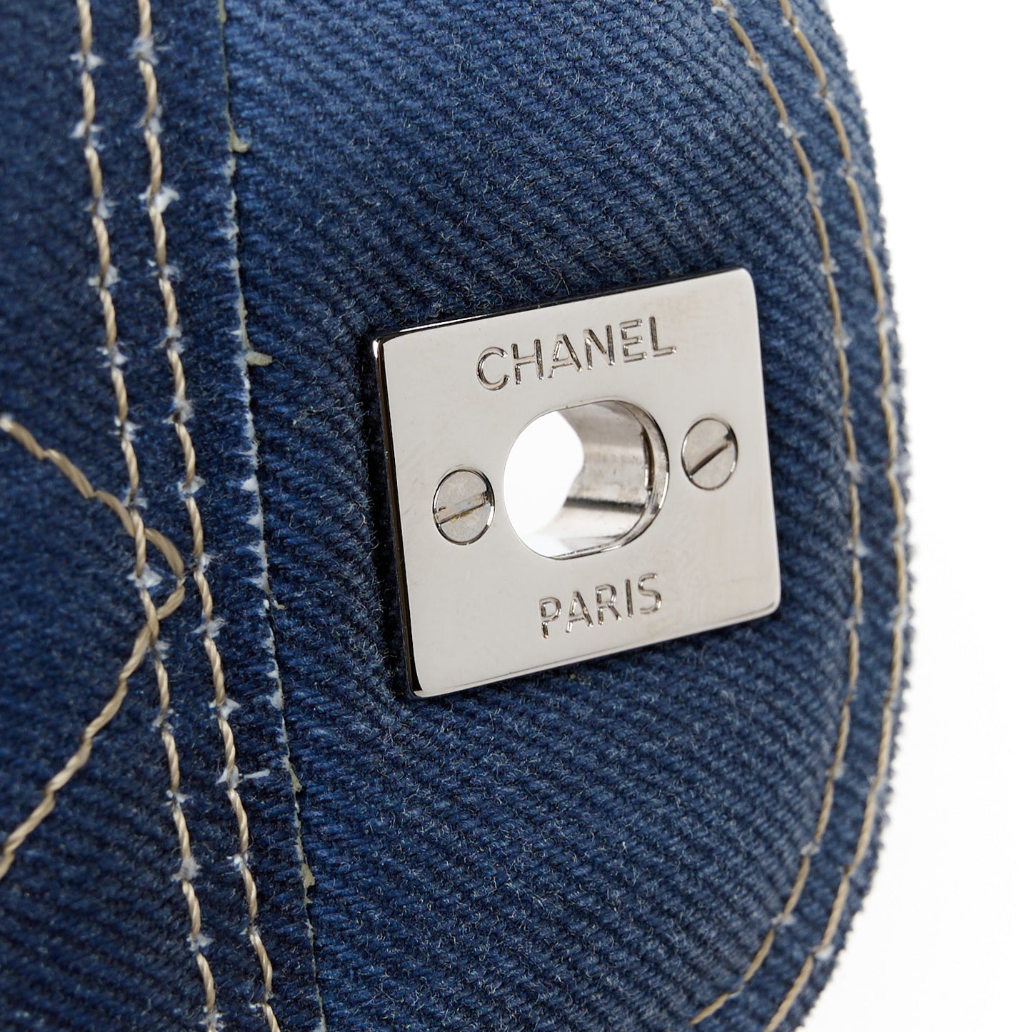 Denim Quilted Jumbo Pompom Flap Dark Blue