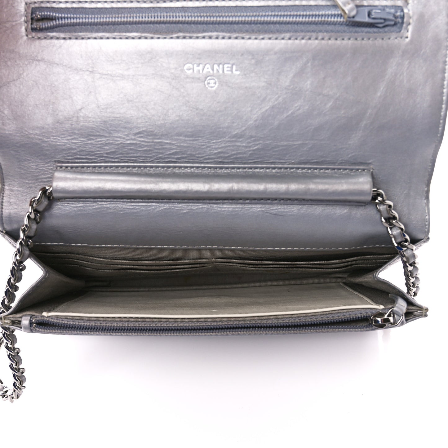 Metallic Aged Calfskin Quilted Wallet on Chain WOC Silver