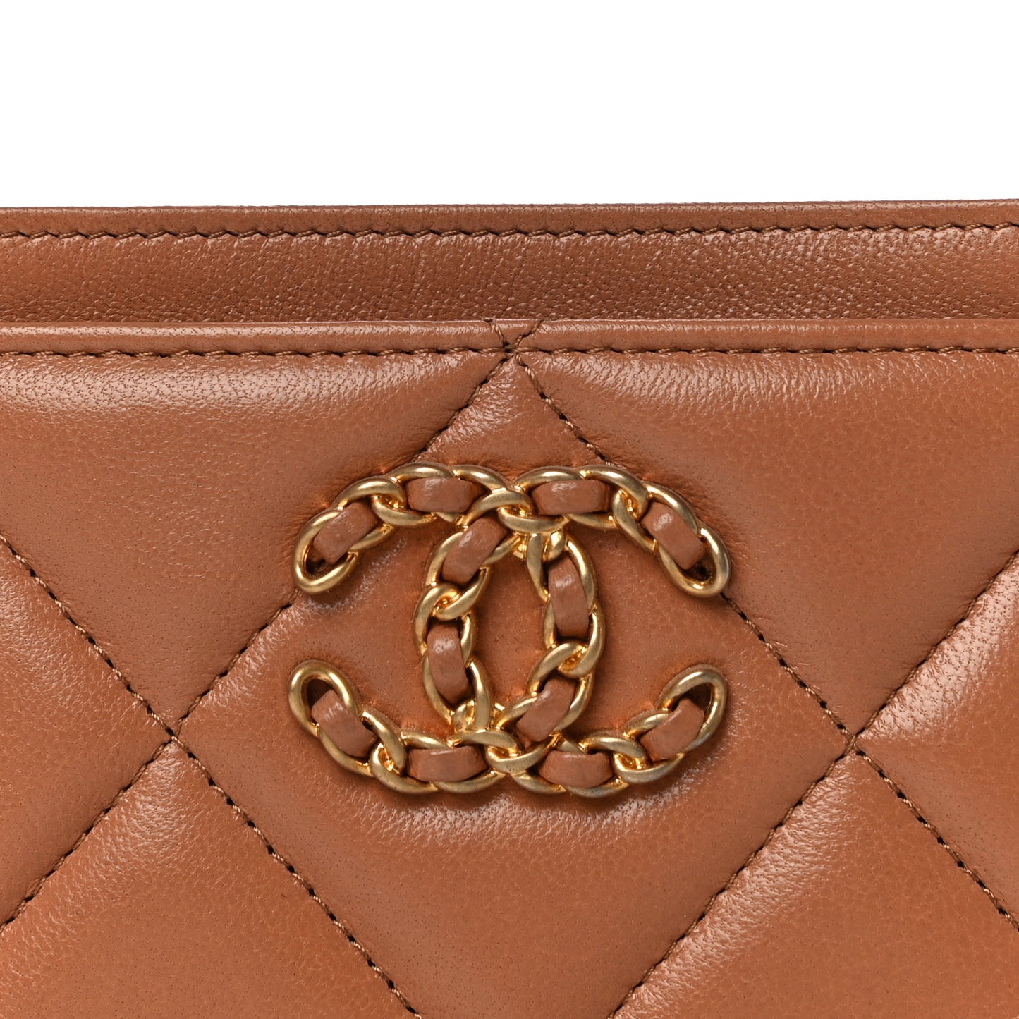 Lambskin Quilted Chanel 19 Card Holder Brown