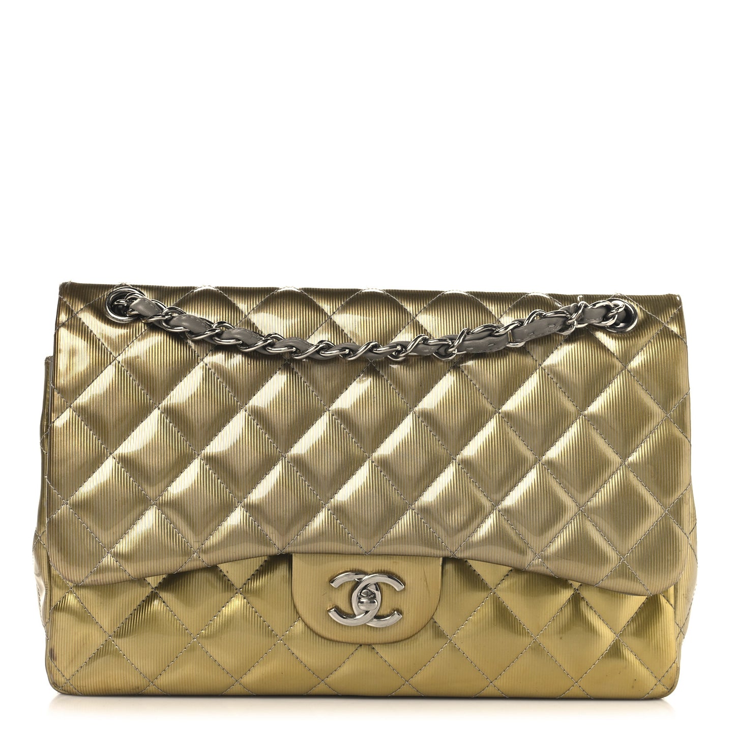 Striated Patent Quilted Jumbo Double Flap Gold