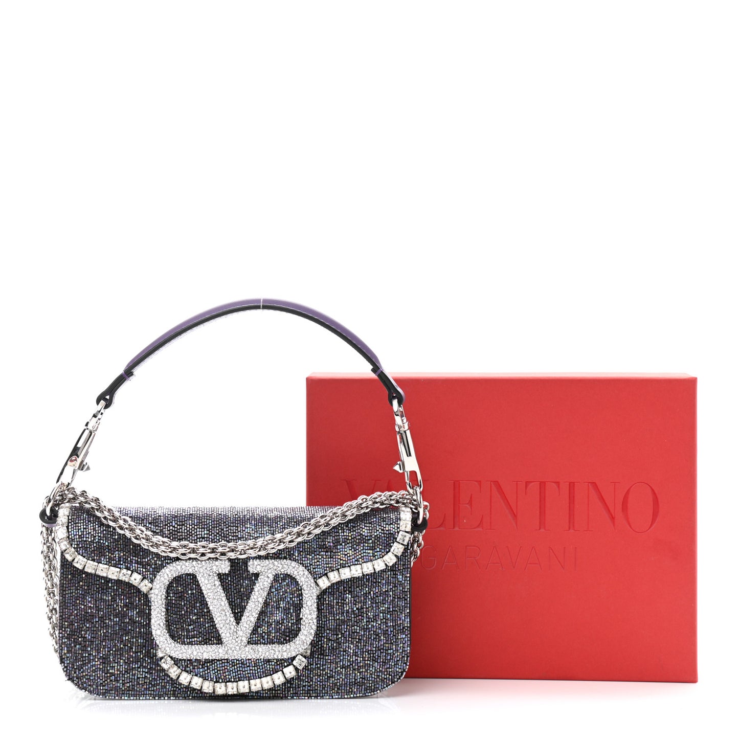 Swarovski Crystal Embroidered Vlogo Small Loco Shoulder Bag Crystal Lilac Silver