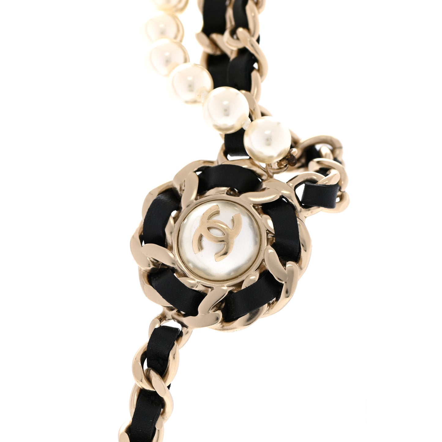 Pearl Calfskin CC Chain Necklace Black Gold