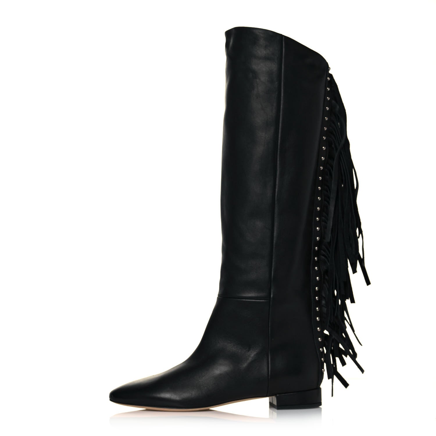Saint Laurent Calfskin Dana Knee High Fringed Boots 36.5 Black 1 of 10