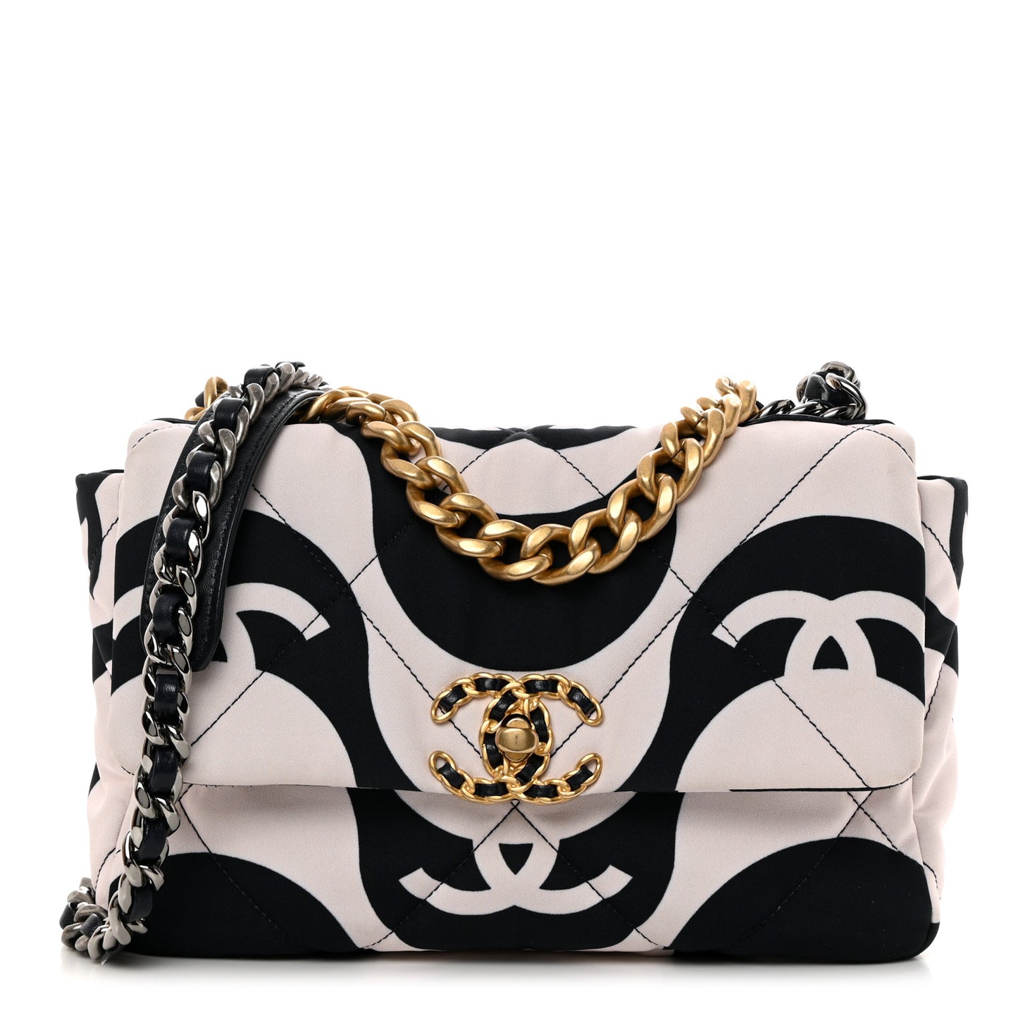 Fabric Printed Large Chanel 19 Flap Black Ecru