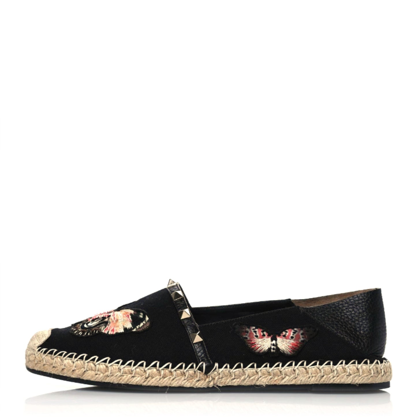 Denim Butterfly Embroidered Rockstud Espadrille Flats 41 Black Multicolor