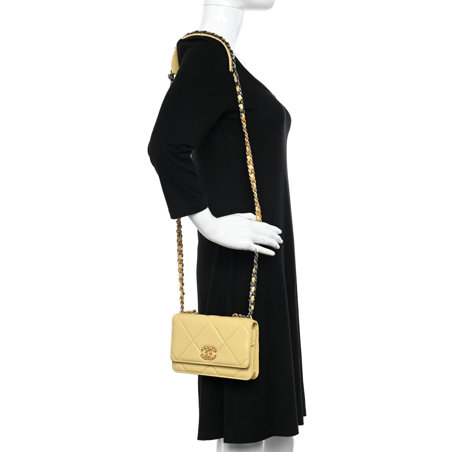 Lambskin Quilted Chanel 19 Wallet On Chain WOC Yellow