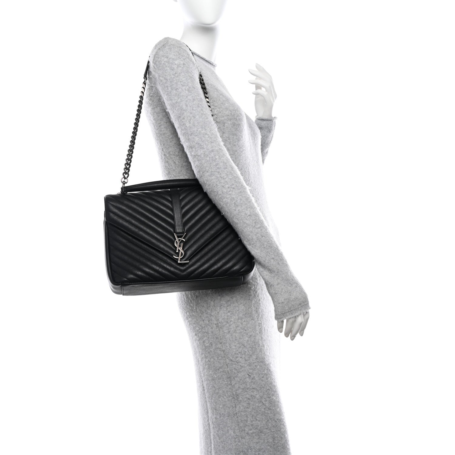 Saint Laurent Sheepskin Matelasse Chevron Monogram Large College Satchel Black 2 of 10
