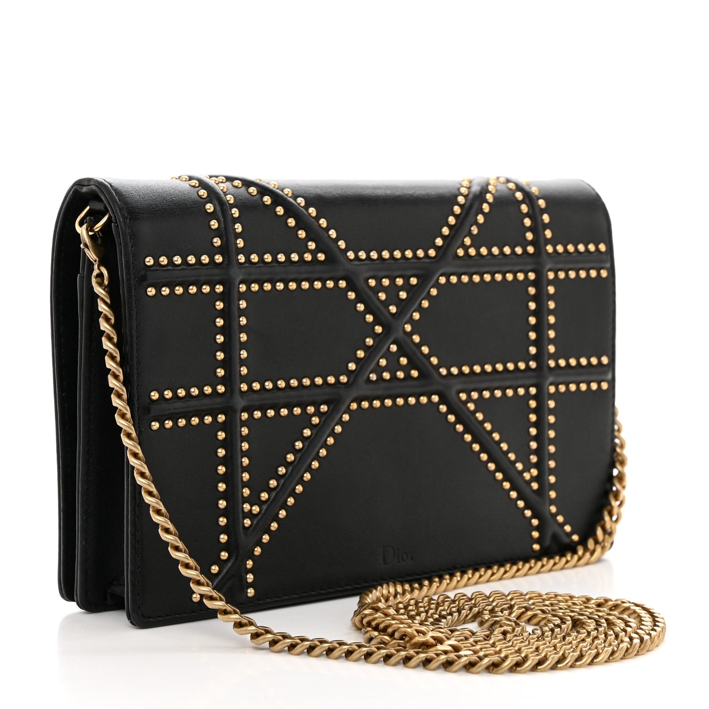 Calfskin Studded Diorama Wallet on Chain Pouch Black
