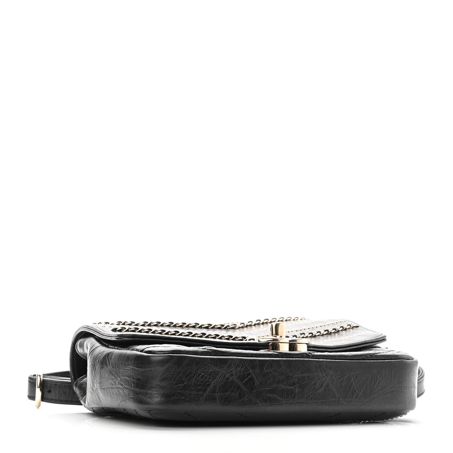 Crumpled Calfskin Chevron Chain Mini Square Flap Black