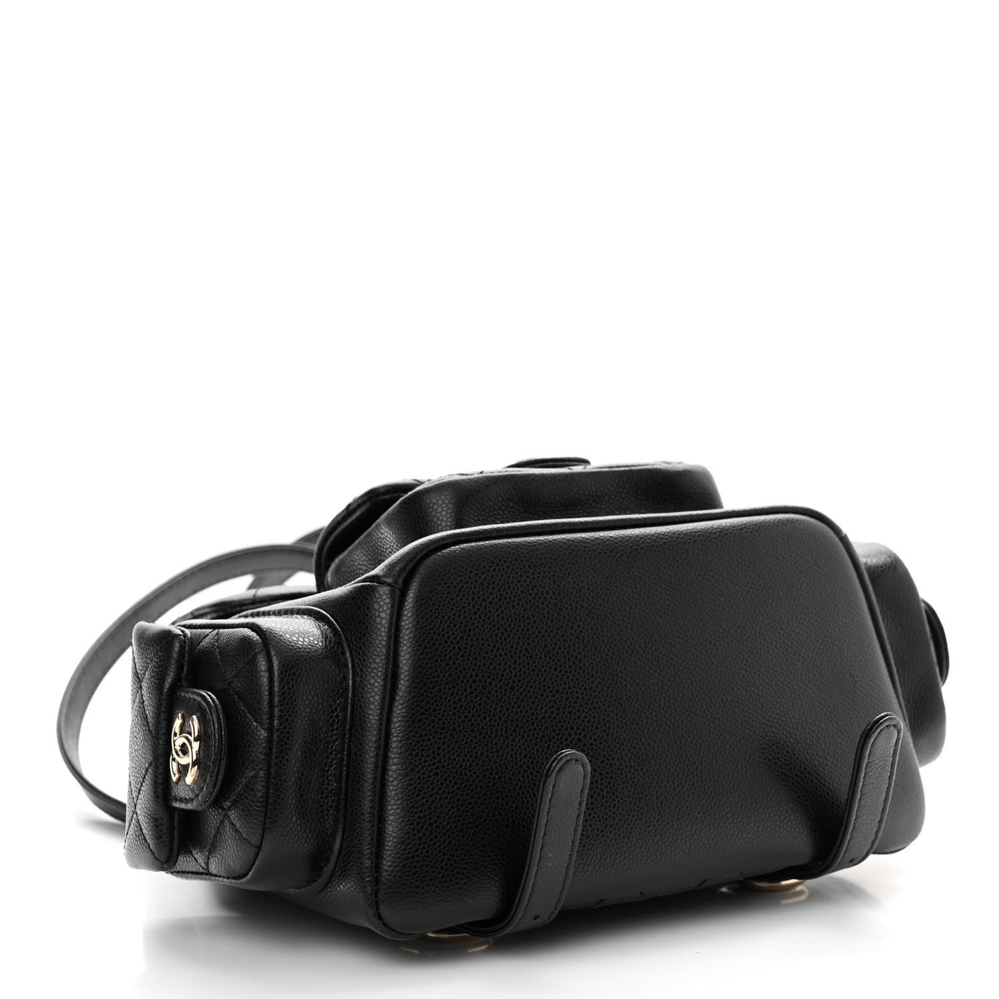 Shiny Caviar Quilted Small Pockets Drawstring Backpack Black