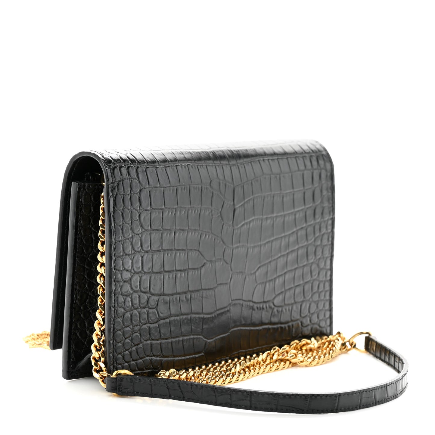 SAINT LAURENT Calfskin Crocodile Embossed Kate Monogram Tassel Chain Wallet Black