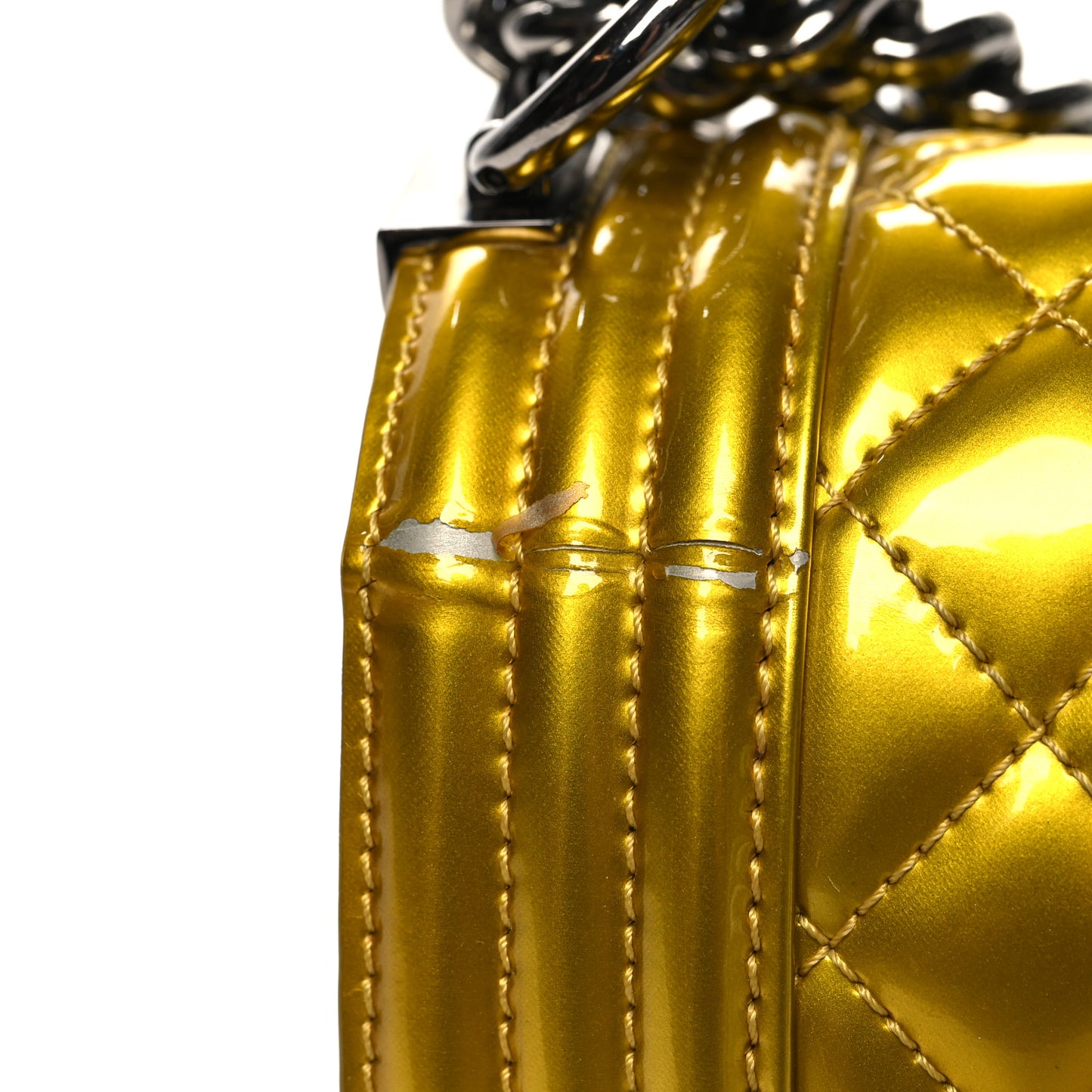Metallic Patent Calfskin Quilted Medium Boy Flap Gold