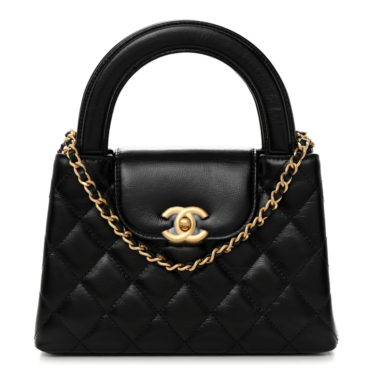 Shiny Aged Calfskin Quilted Nano Kelly Shopper Black