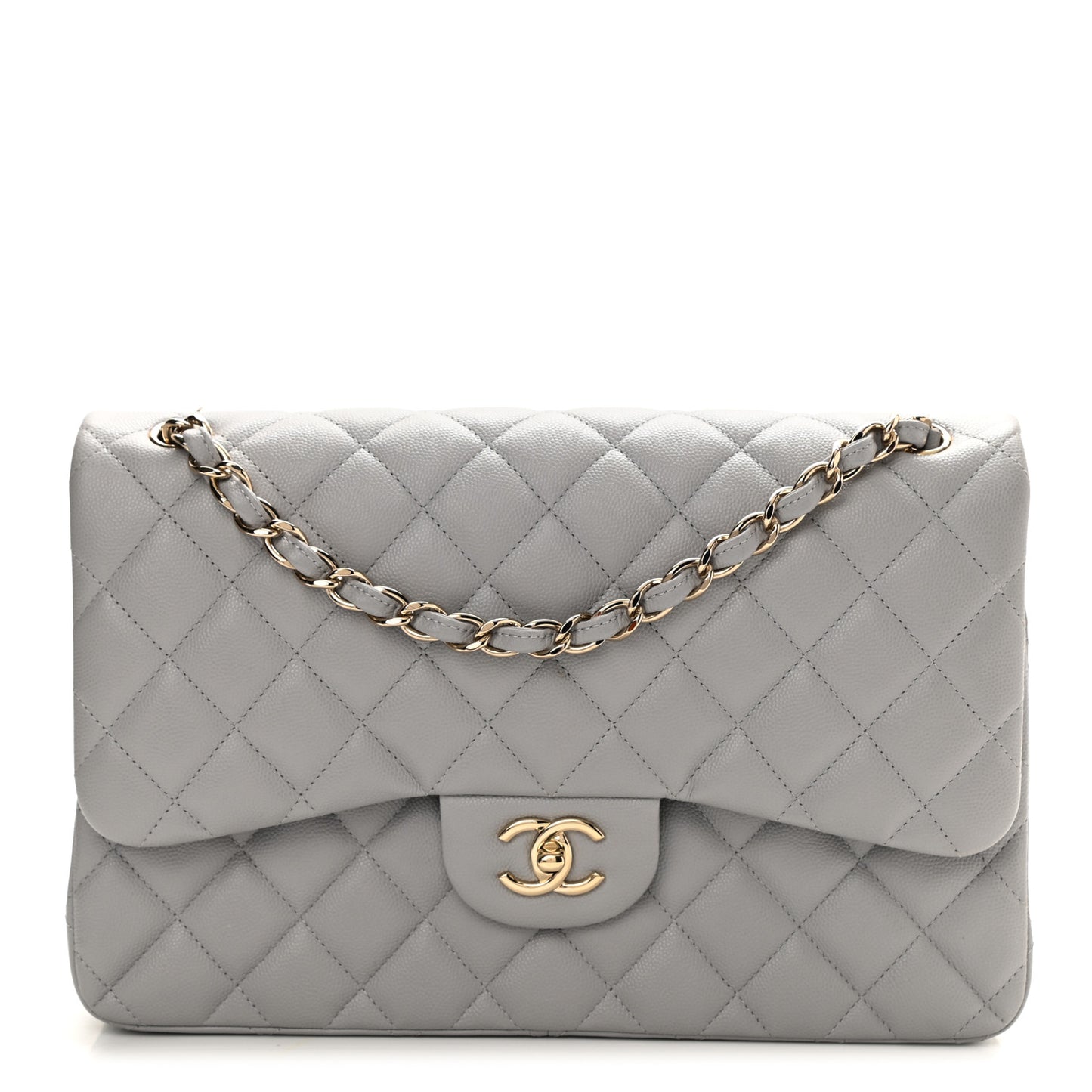 Caviar Quilted Jumbo Double Flap Grey
