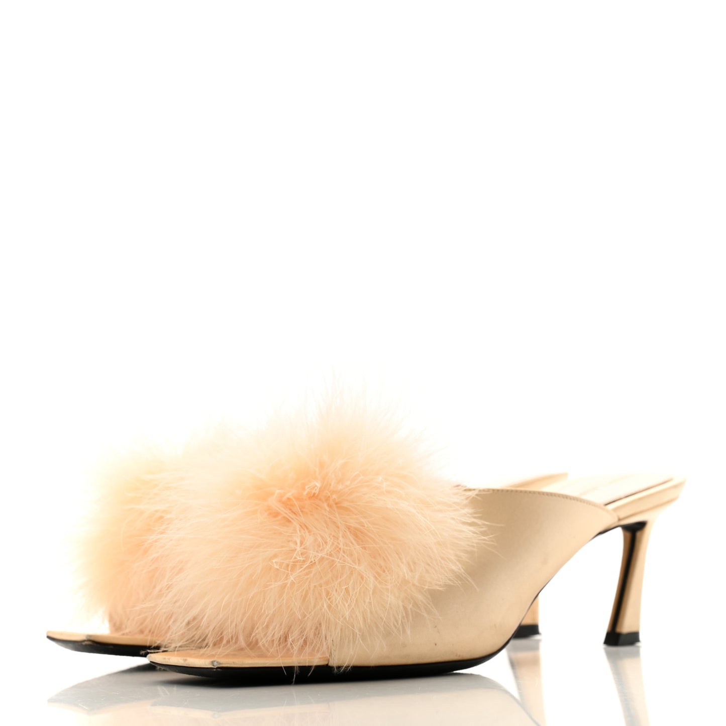 Crepe Satin Feathered Mule Sandals 38 Beige