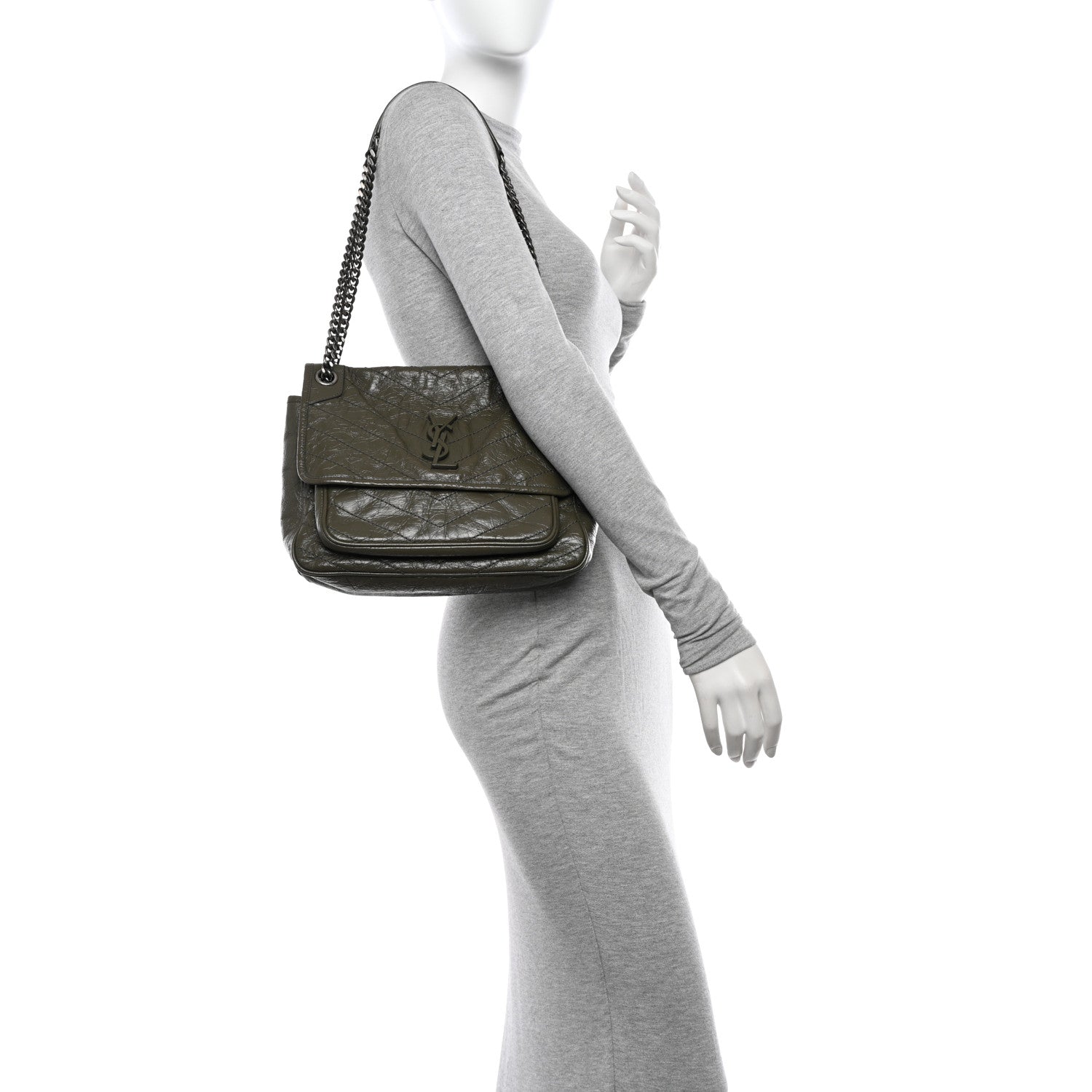 Saint Laurent Crinkled Calfskin Matelasse Monogram Medium Niki Chain Satchel Dark Green 2 of 11