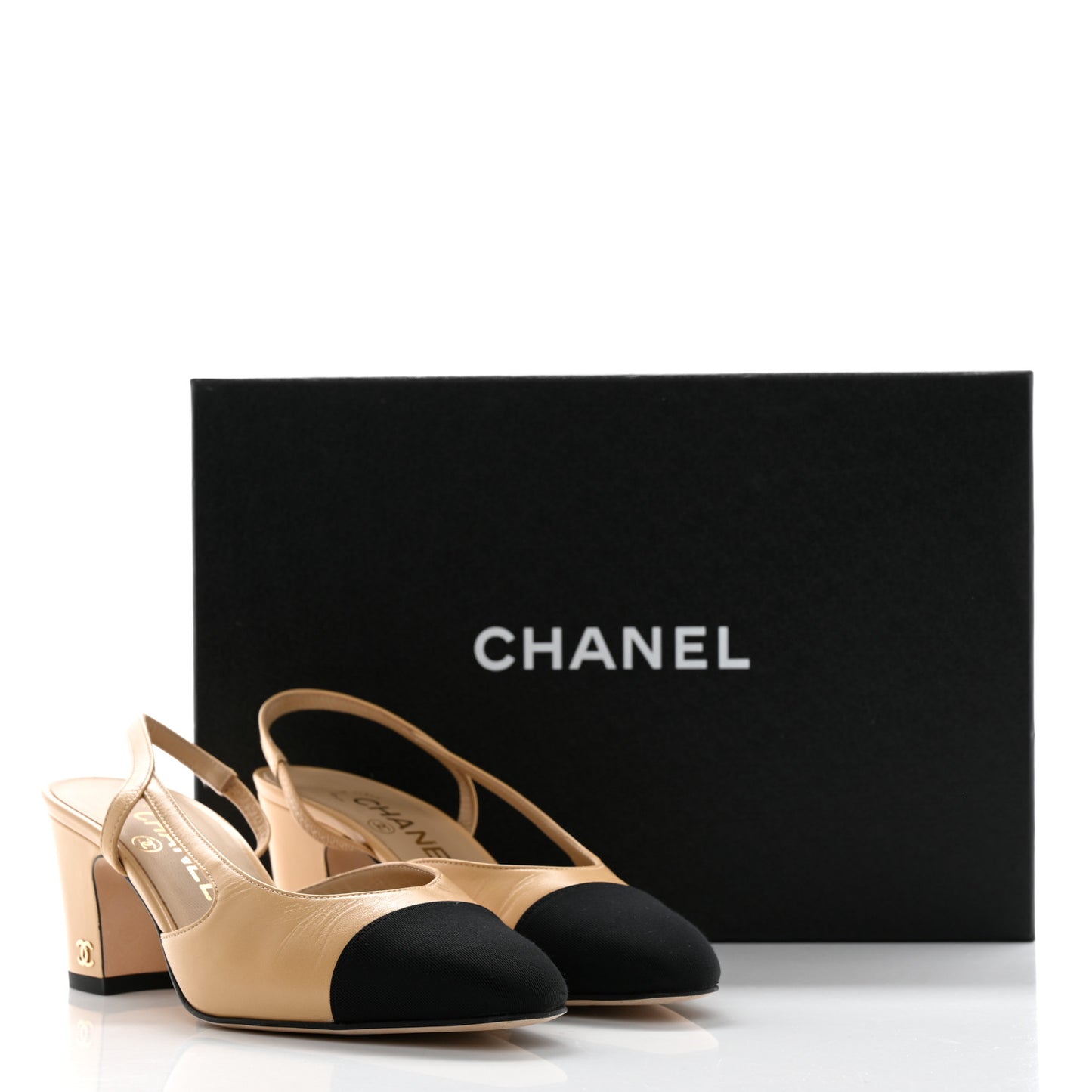 Goatskin Grosgrain Cap Toe CC Slingback Pumps 35 Beige Black