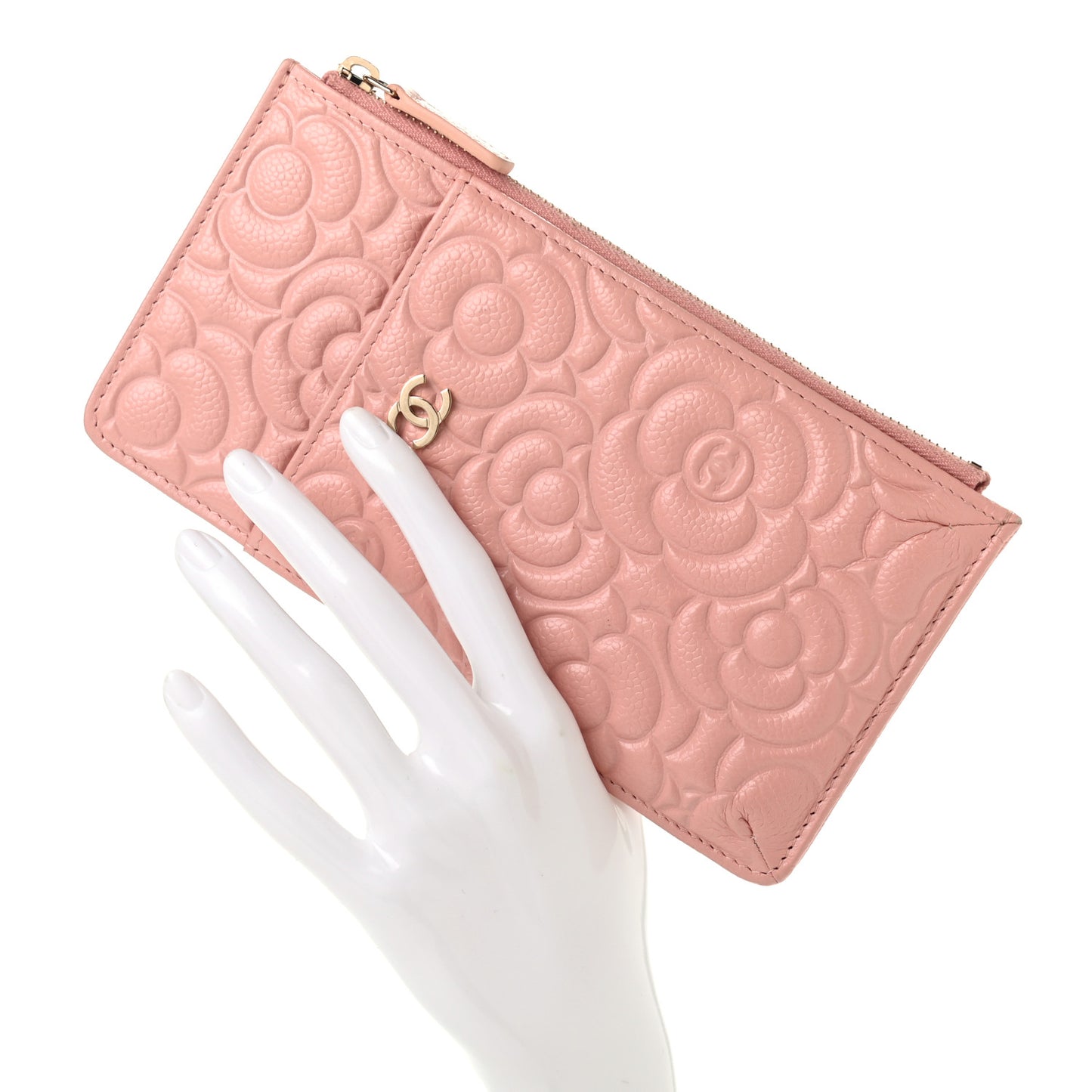 Caviar Camellia Embossed Classic Flat Wallet Pouch Pink