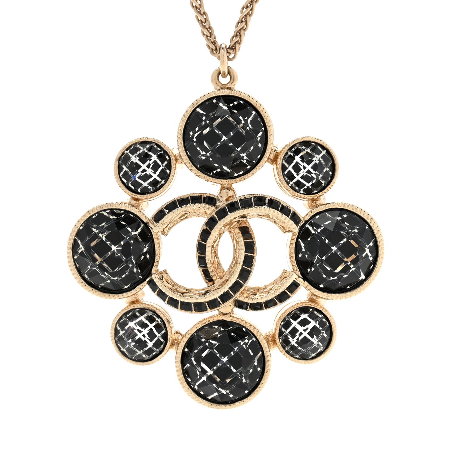Gripoix Poured Glass Crystal CC Pendant Necklace Black Gold