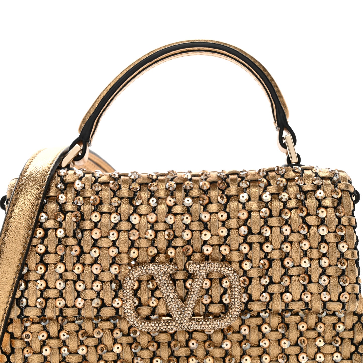 Metallic Calfskin Sequin Crystal Embroidered Mini Vsling Top Handle Bag Gold Multicolor