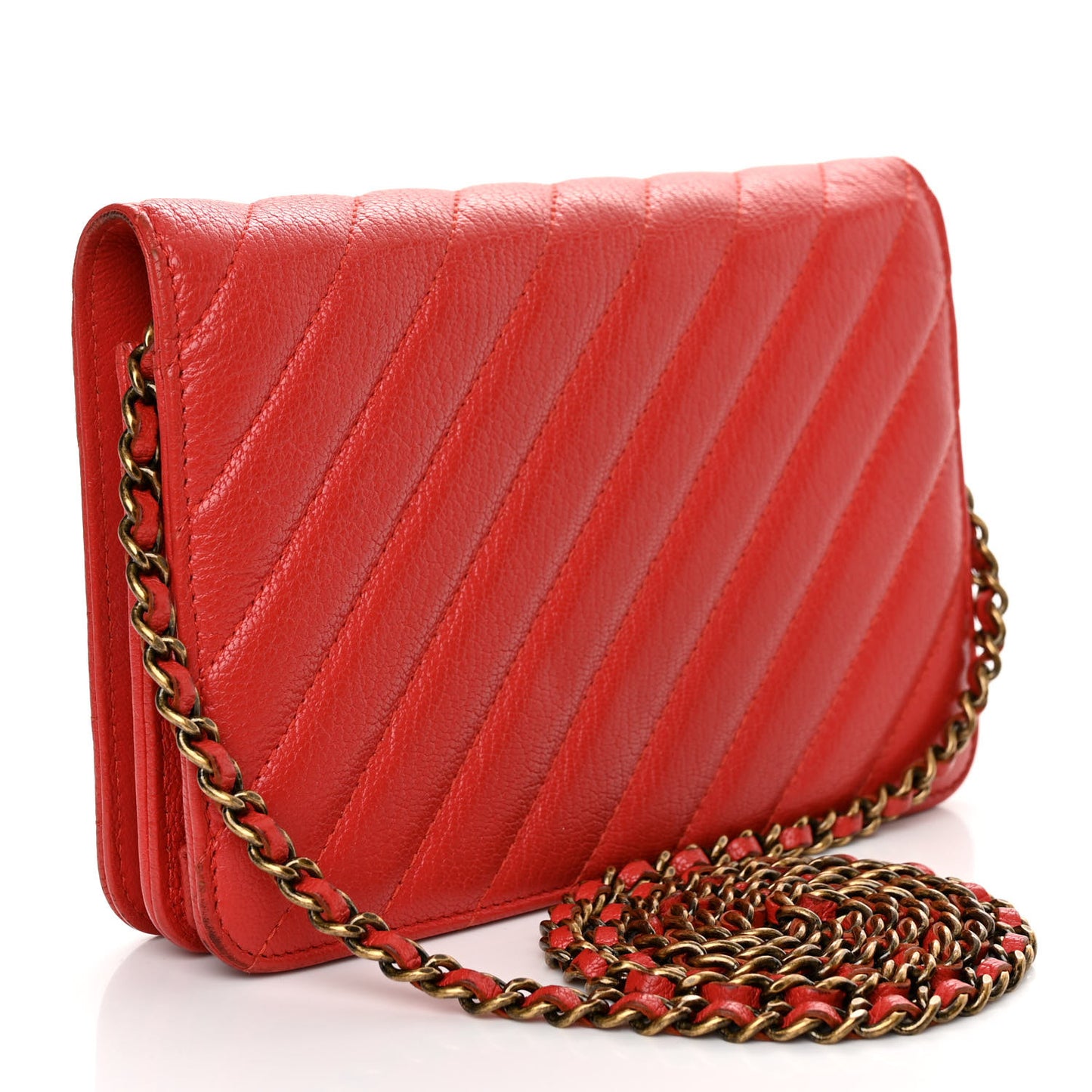Goatskin Diagonal Quilted Wallet On Chain WOC Red