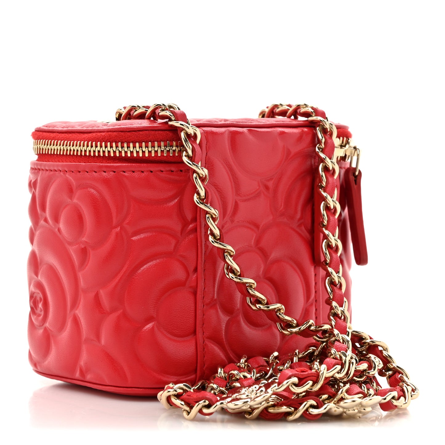 Lambskin Camellia Embossed Mini Vanity Case With Chain Red