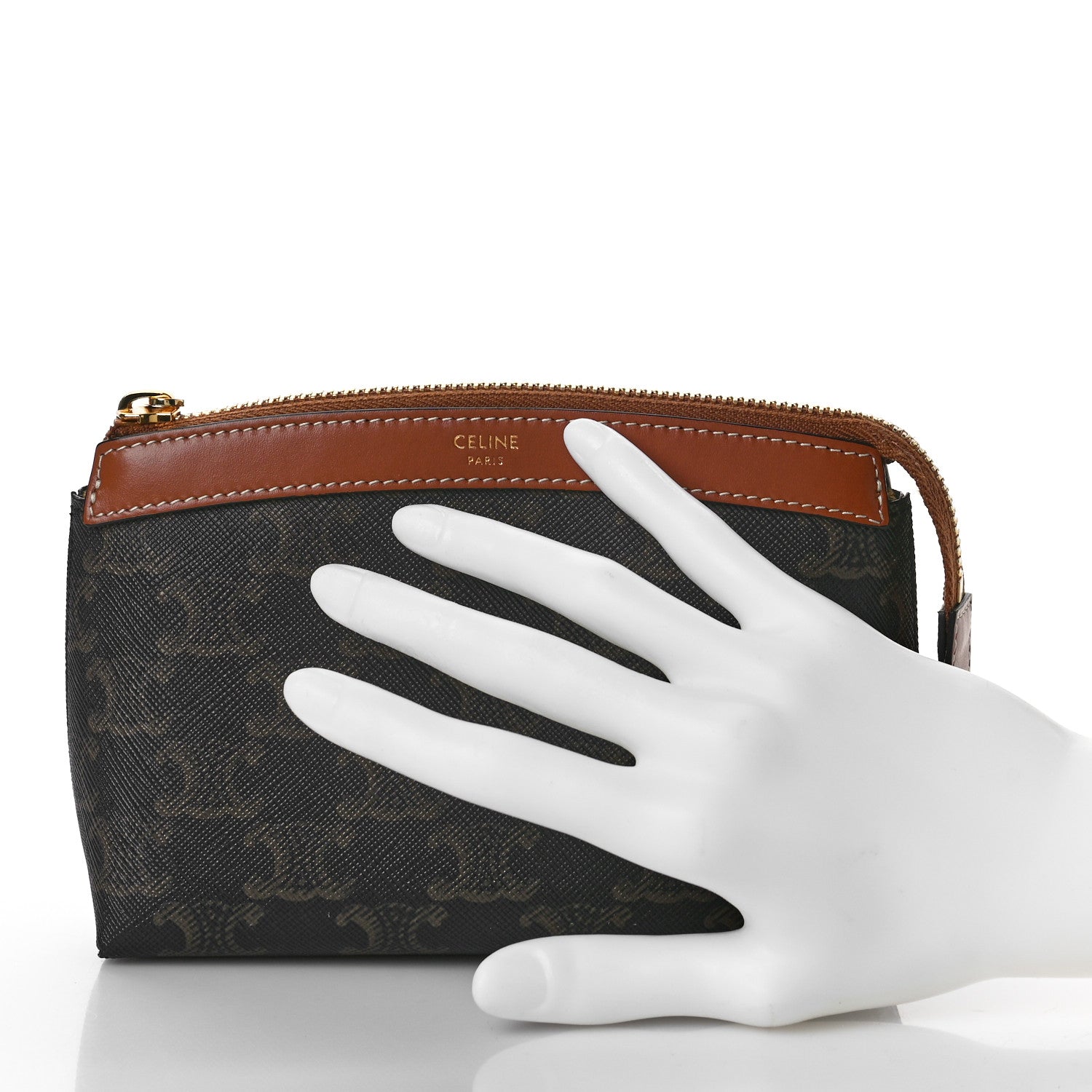 Celine Triomphe Canvas Calfskin Cosmetic Pouch Tan 2 of 7