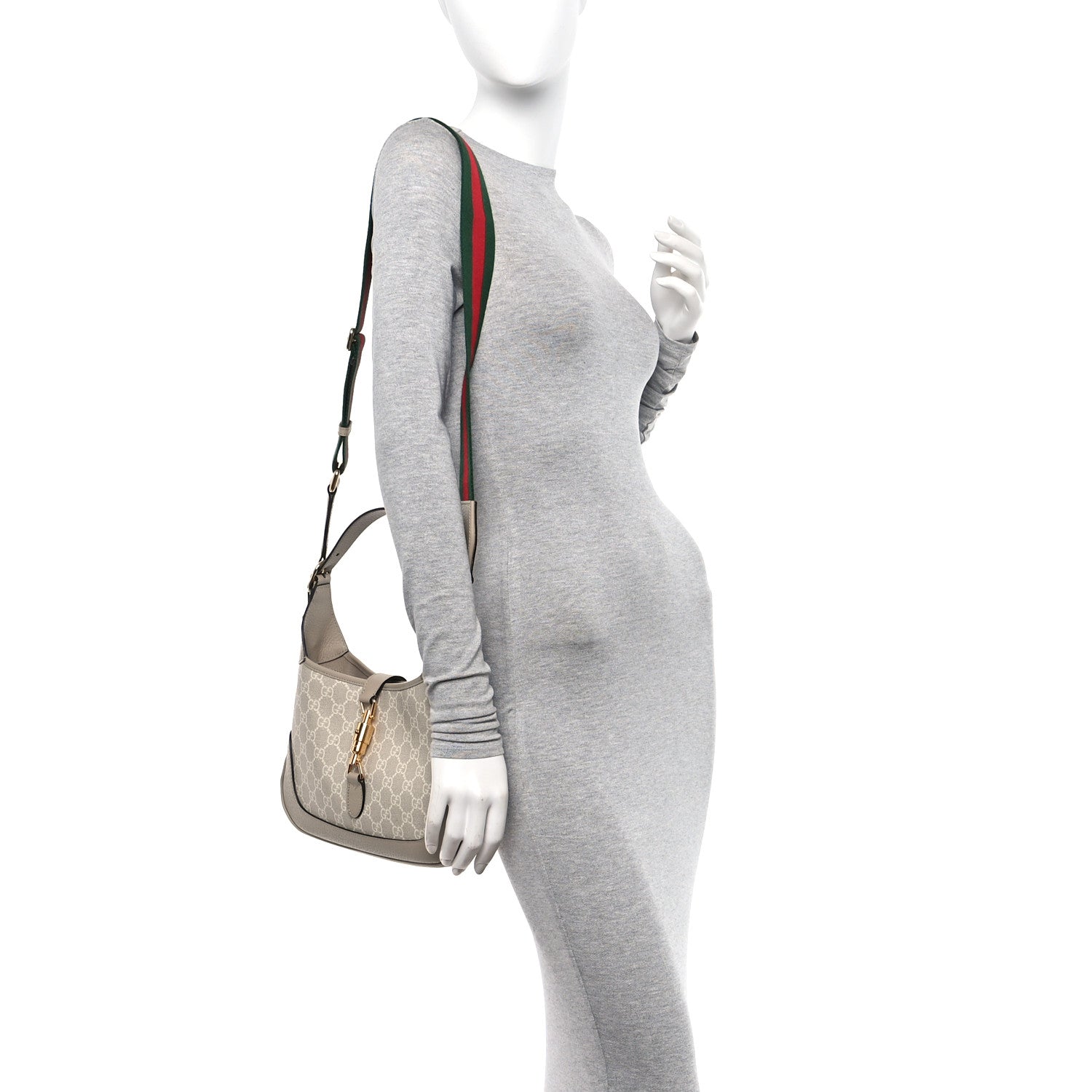 Gucci GG Supreme Monogram Textured Dollar Calfskin Web Small Jackie 1961 Hobo Beige Mystic White Oatmeal 2 of 10