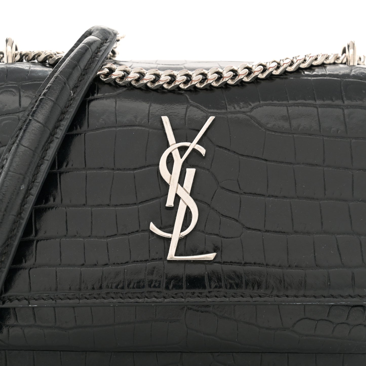Calfskin Crocodile Embossed Monogram Sunset Chain Wallet Black