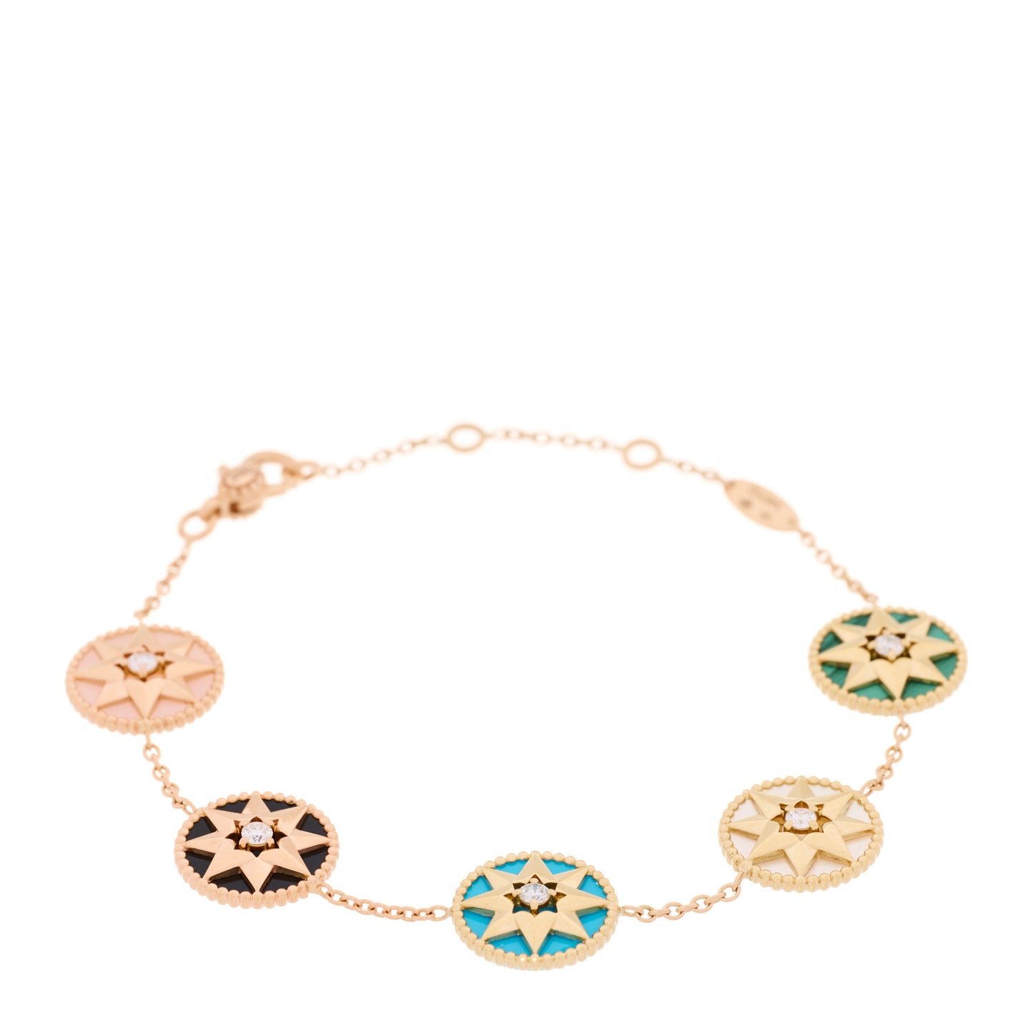 18K Yellow Rose Gold Diamond Multi Gemstone Rose Des Vents 5 Charm Bracelet