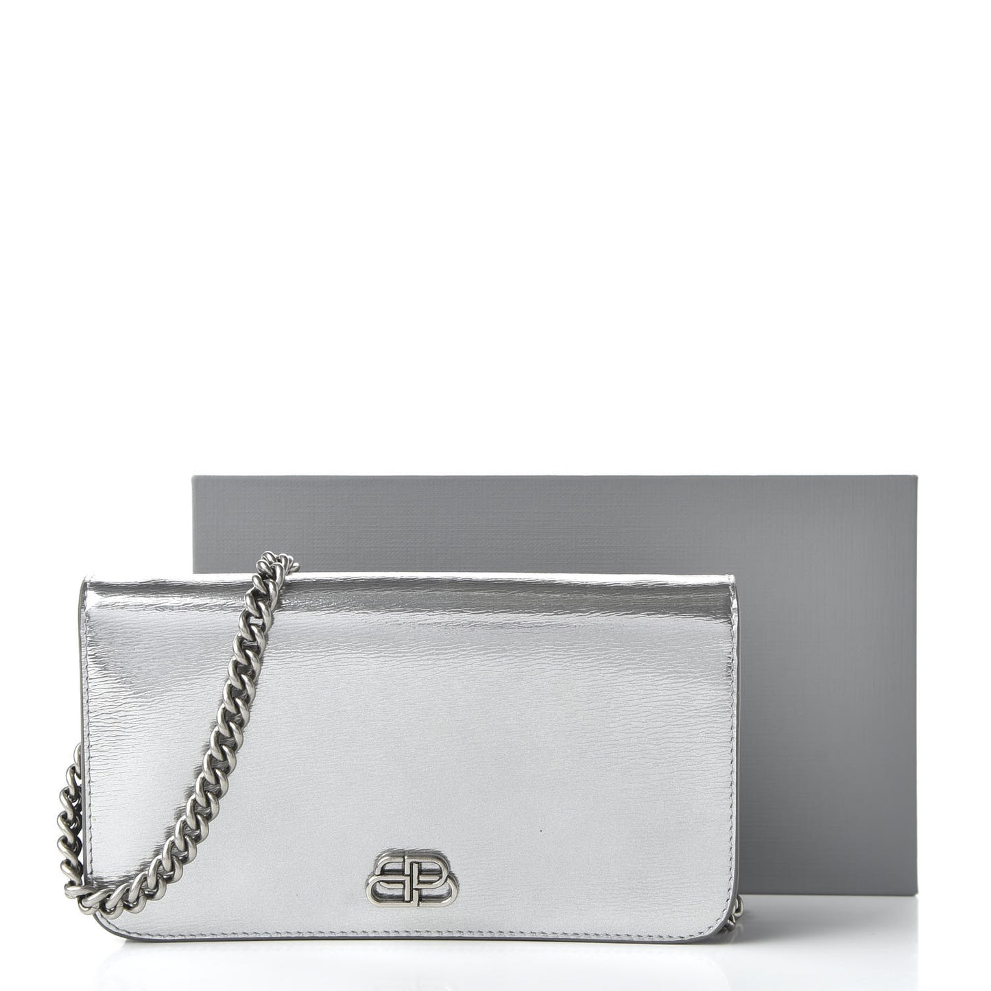 Metallic Grained Calfskin BB Phone Holder Wallet On Chain Silver