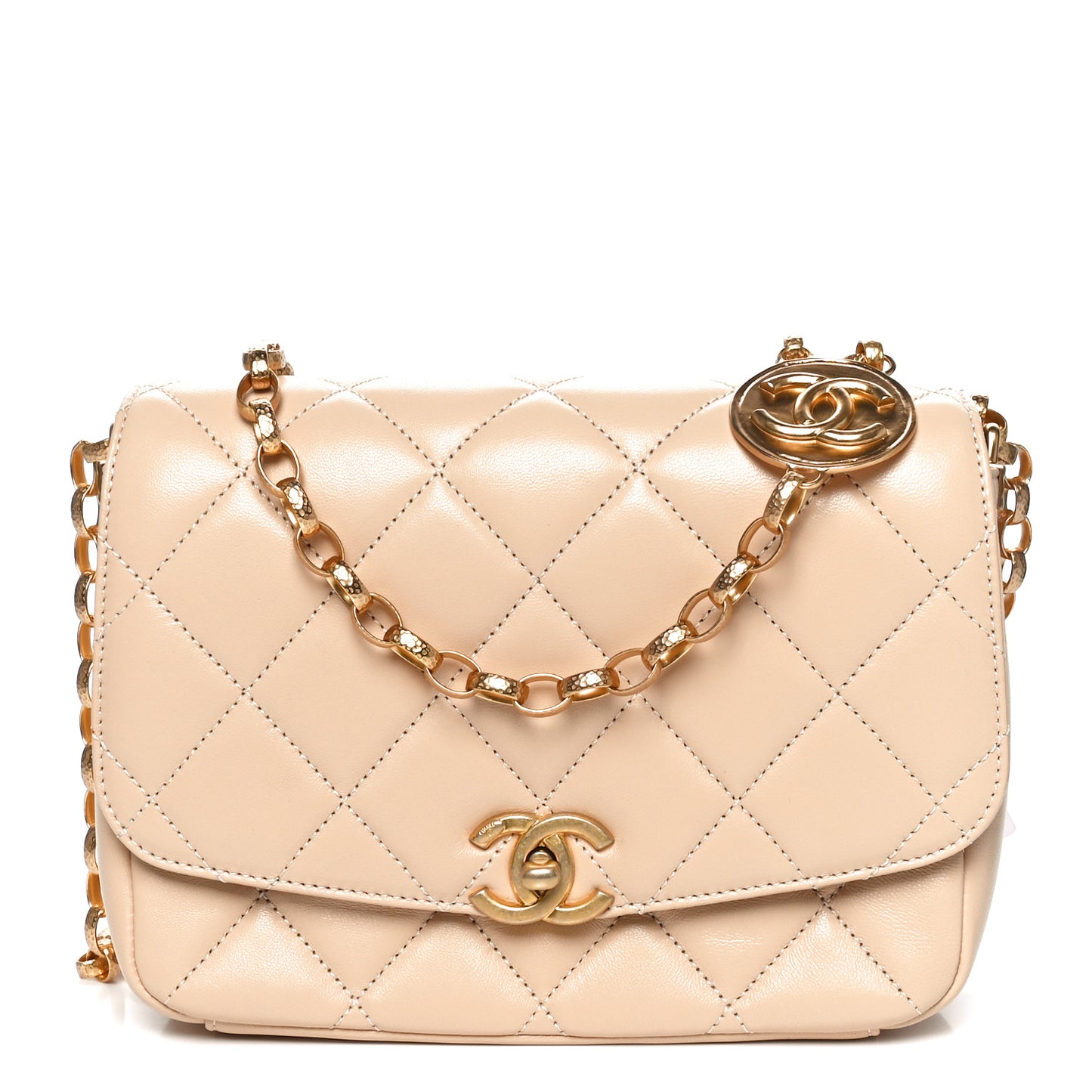 Lambskin Quilted CC Coin Flap Bag Beige