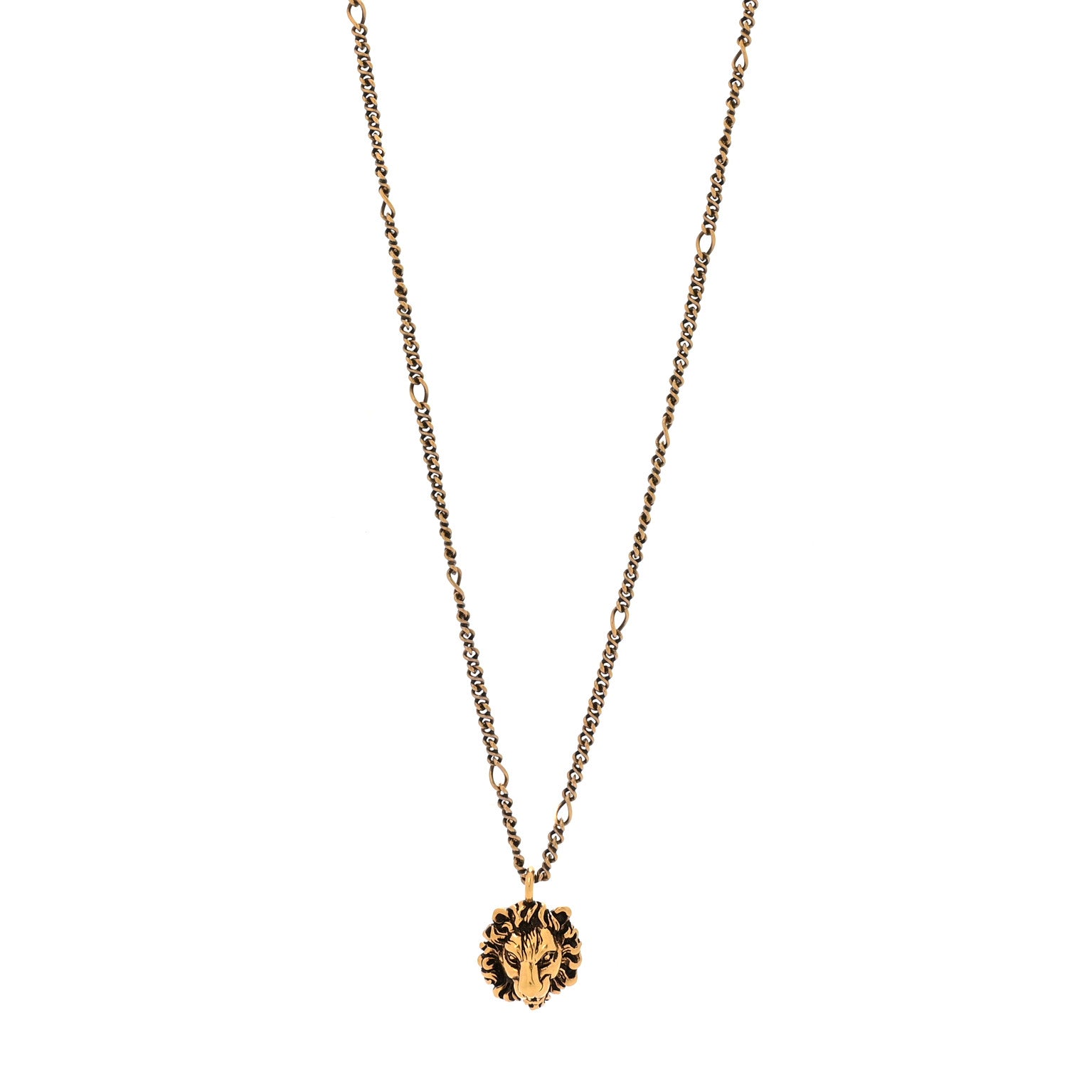 Gucci Metal Pearl Crystal Lion Head Necklace Aged Gold Multicolor