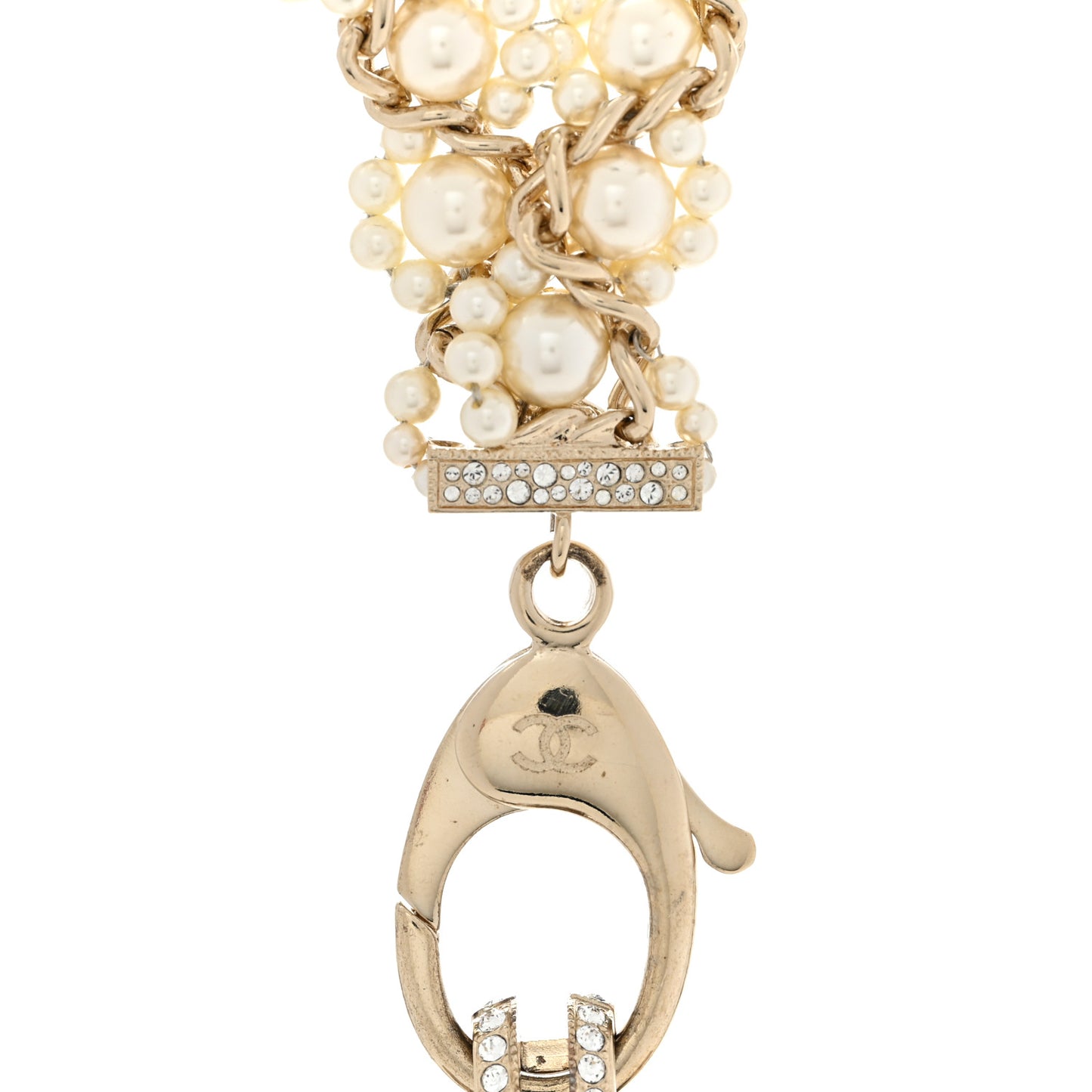 Pearl Crystal CC Pendant Lanyard Necklace Gold
