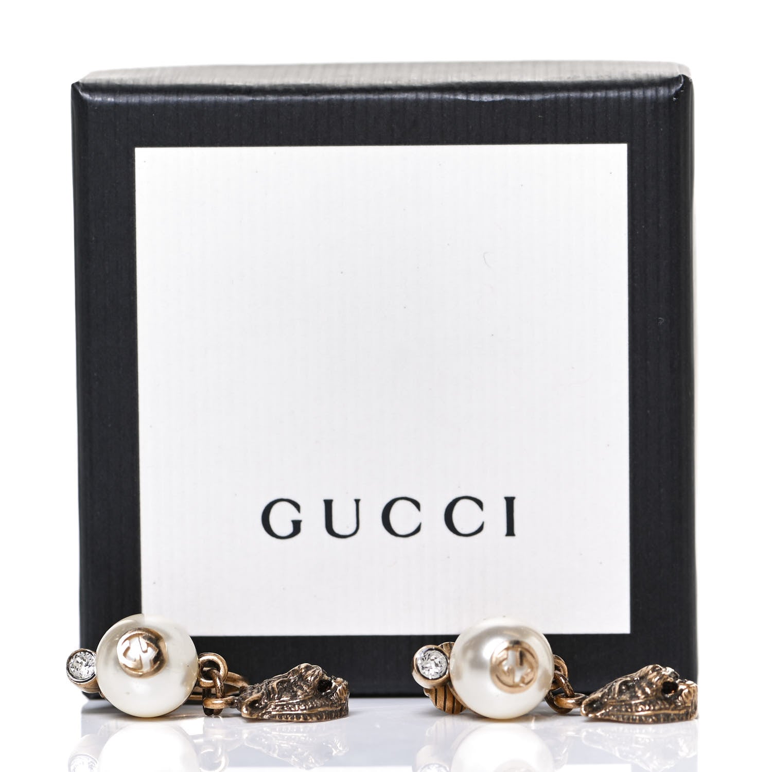 Gucci Metal Crystal Resin Pearl Feline Clip On Earrings Aged Gold 5 of 5
