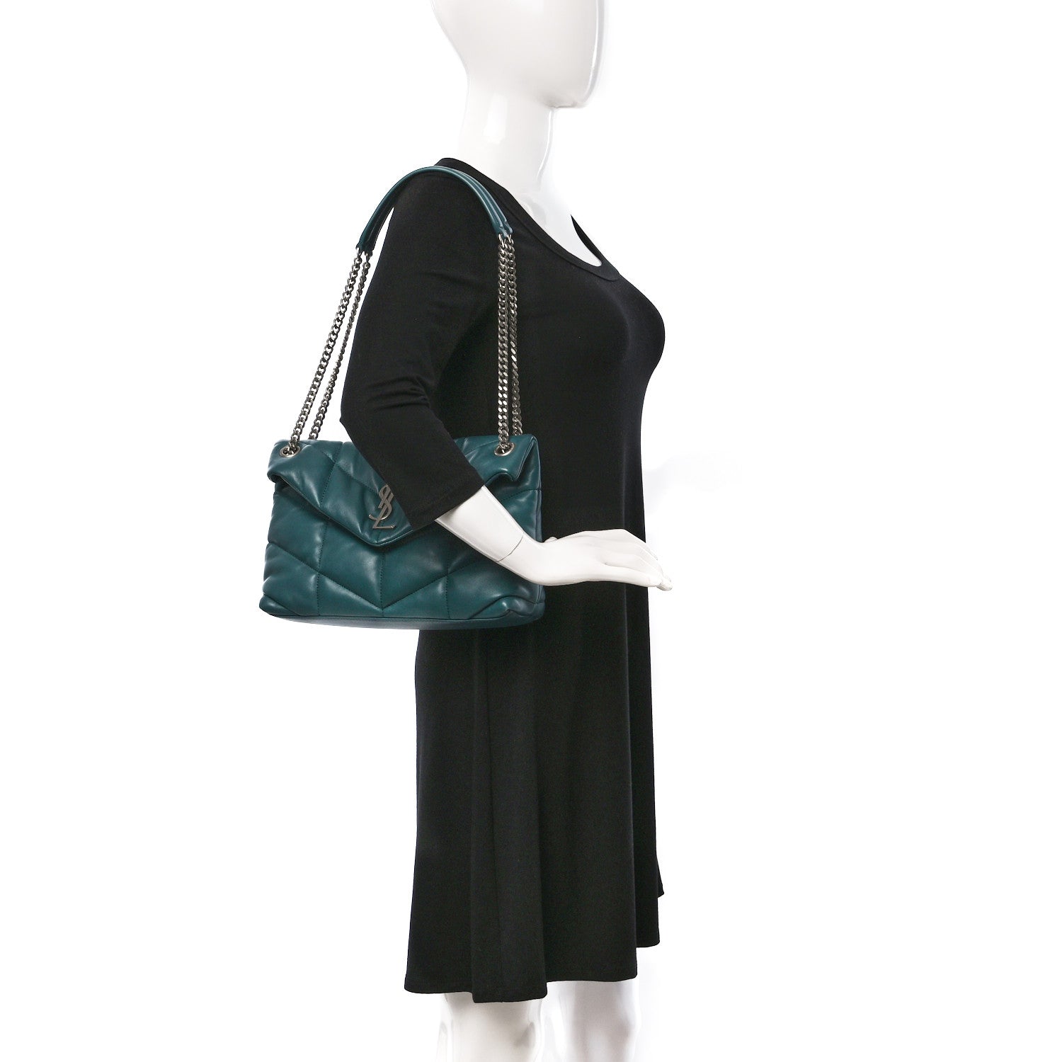 Saint Laurent Lambskin Quilted Small Loulou Puffer Monogram Chain Satchel Vert Canard 2 of 9