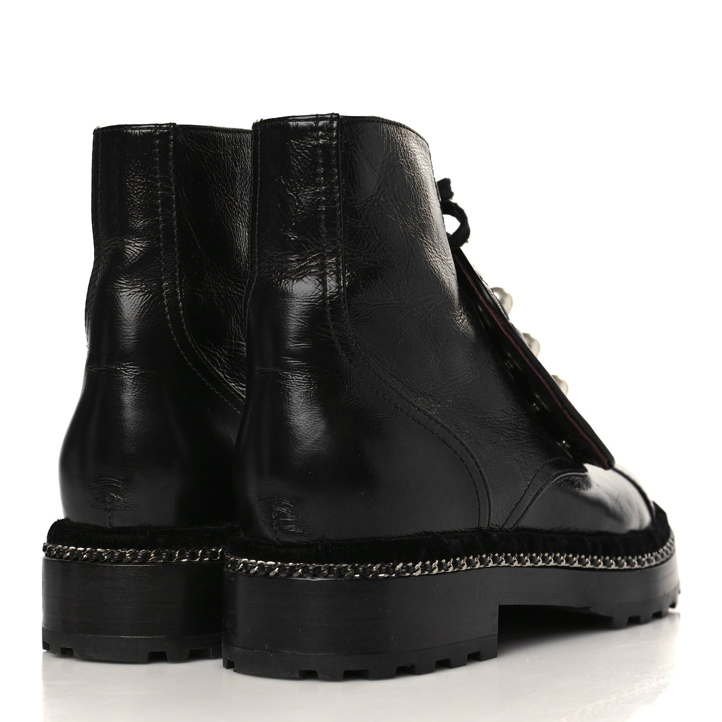 Crackled Calfskin Velvet Pearl Combat Short Boots 37 Black
