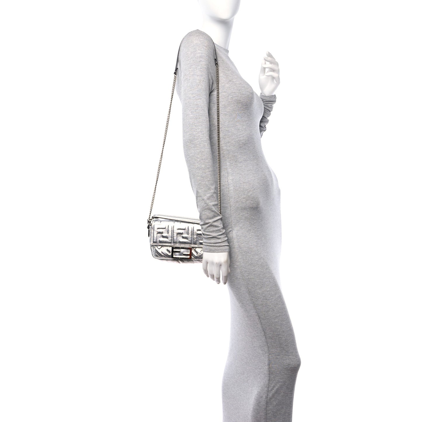 Vitello Catalan FF 1974 Embossed Mini Baguette Argento